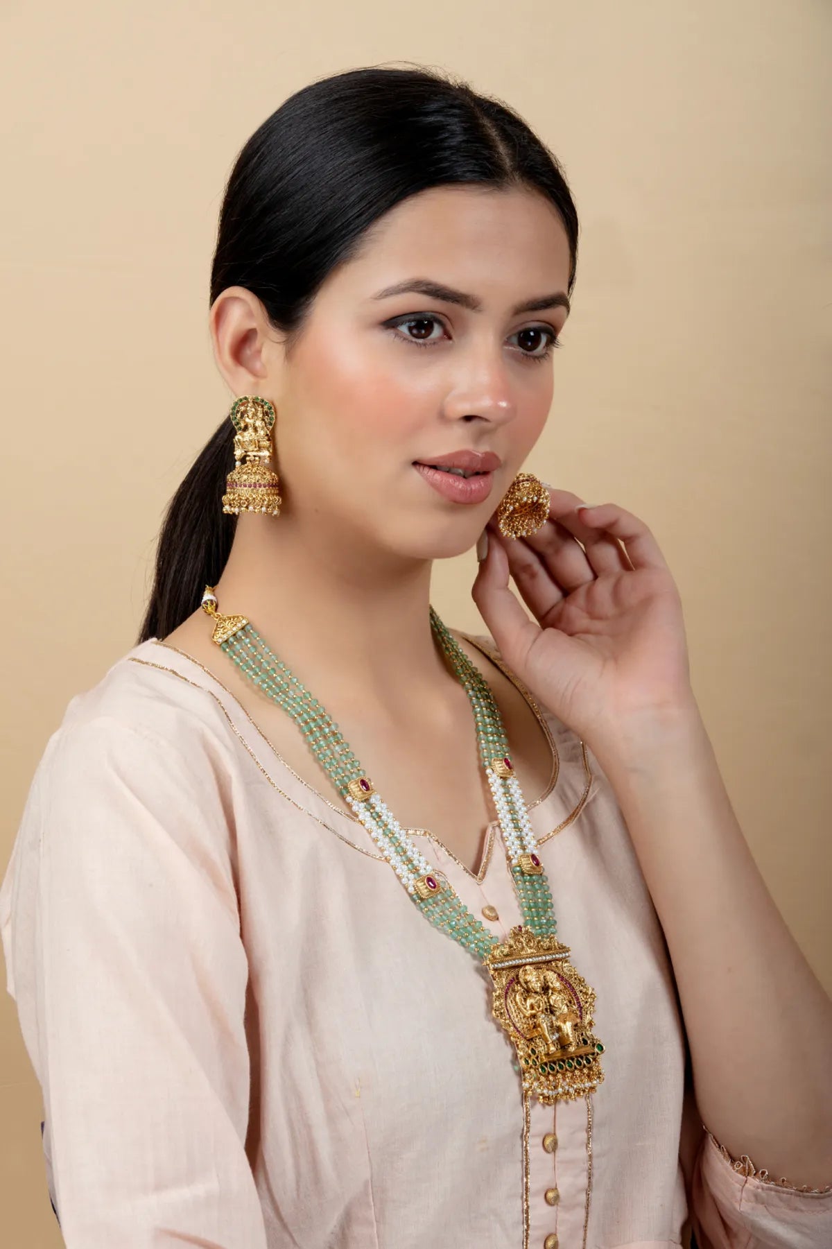 Green Beaded Temple Necklace Set with Jhumka Earrings for Women