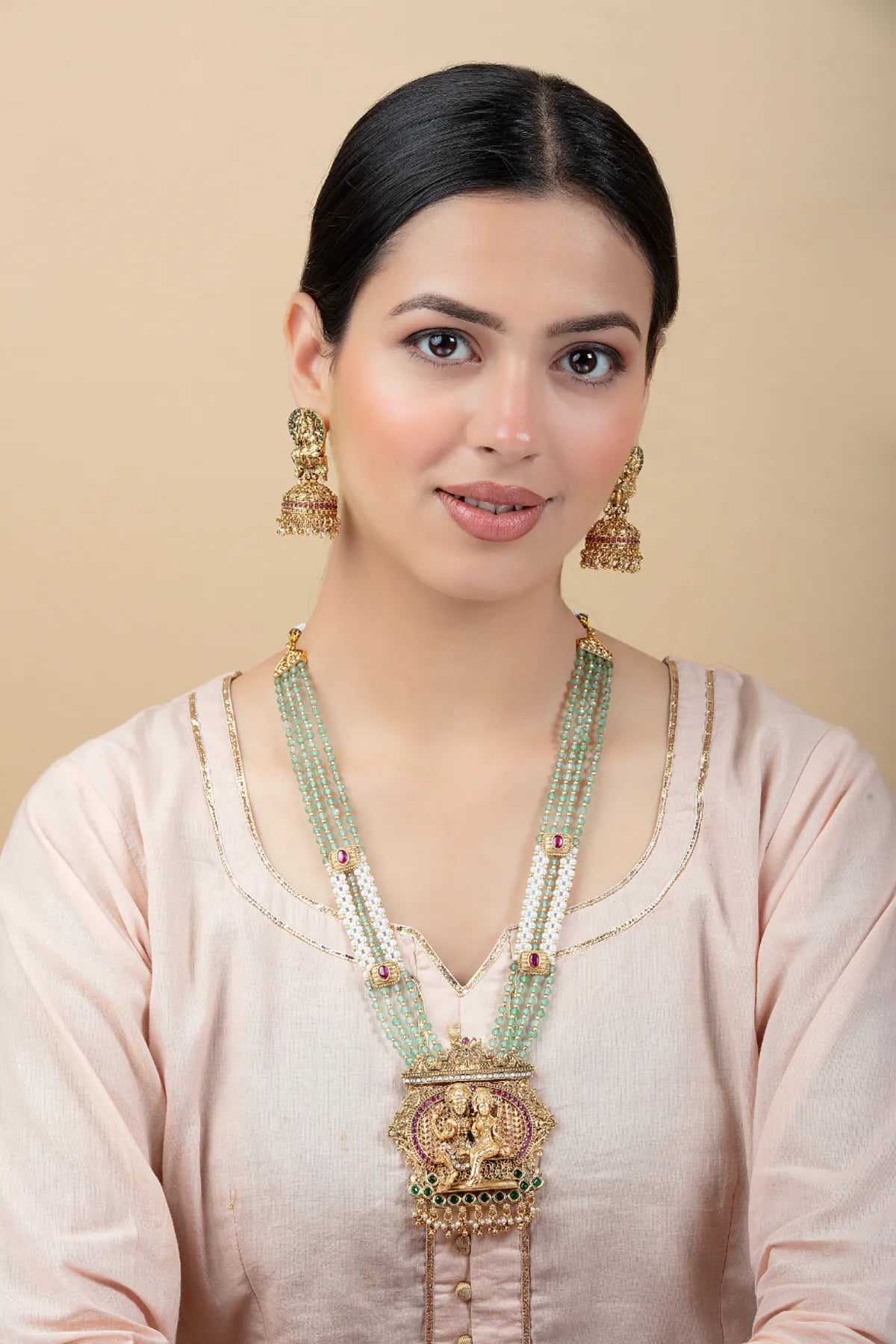 Green Beaded Temple Necklace Set with Jhumka Earrings for Women
