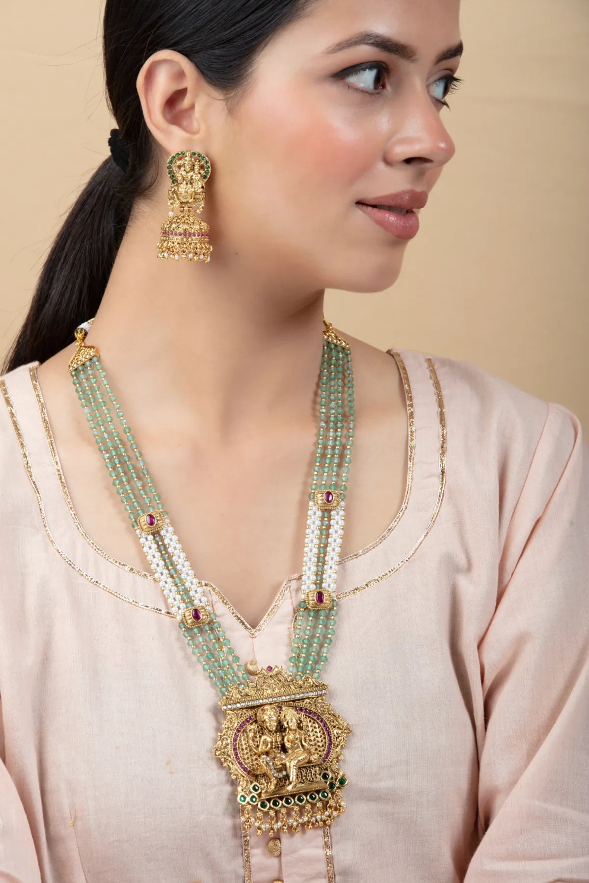 Green Beaded Temple Necklace Set with Jhumka Earrings for Women