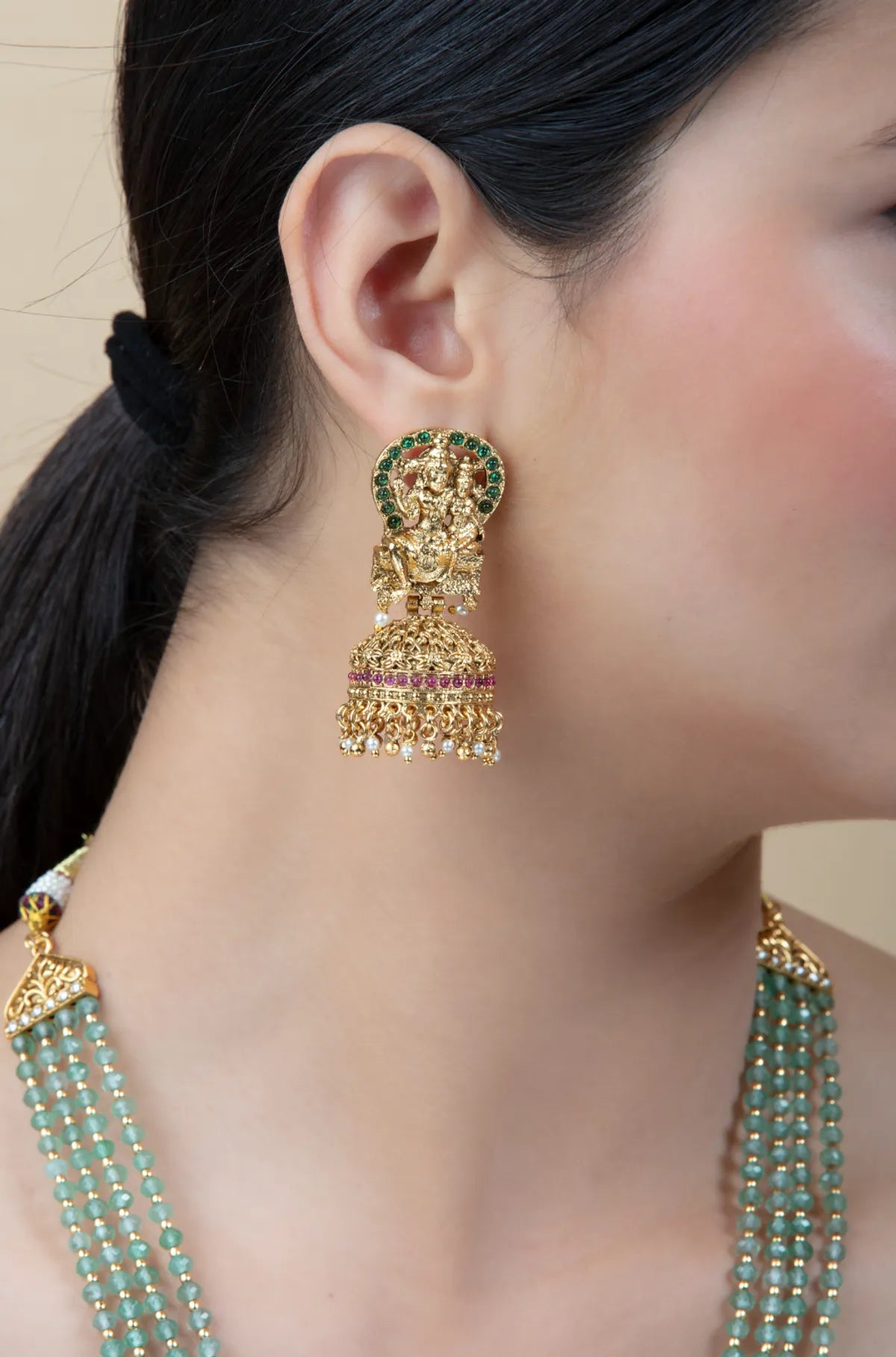 Green Beaded Temple Necklace Set with Jhumka Earrings for Women