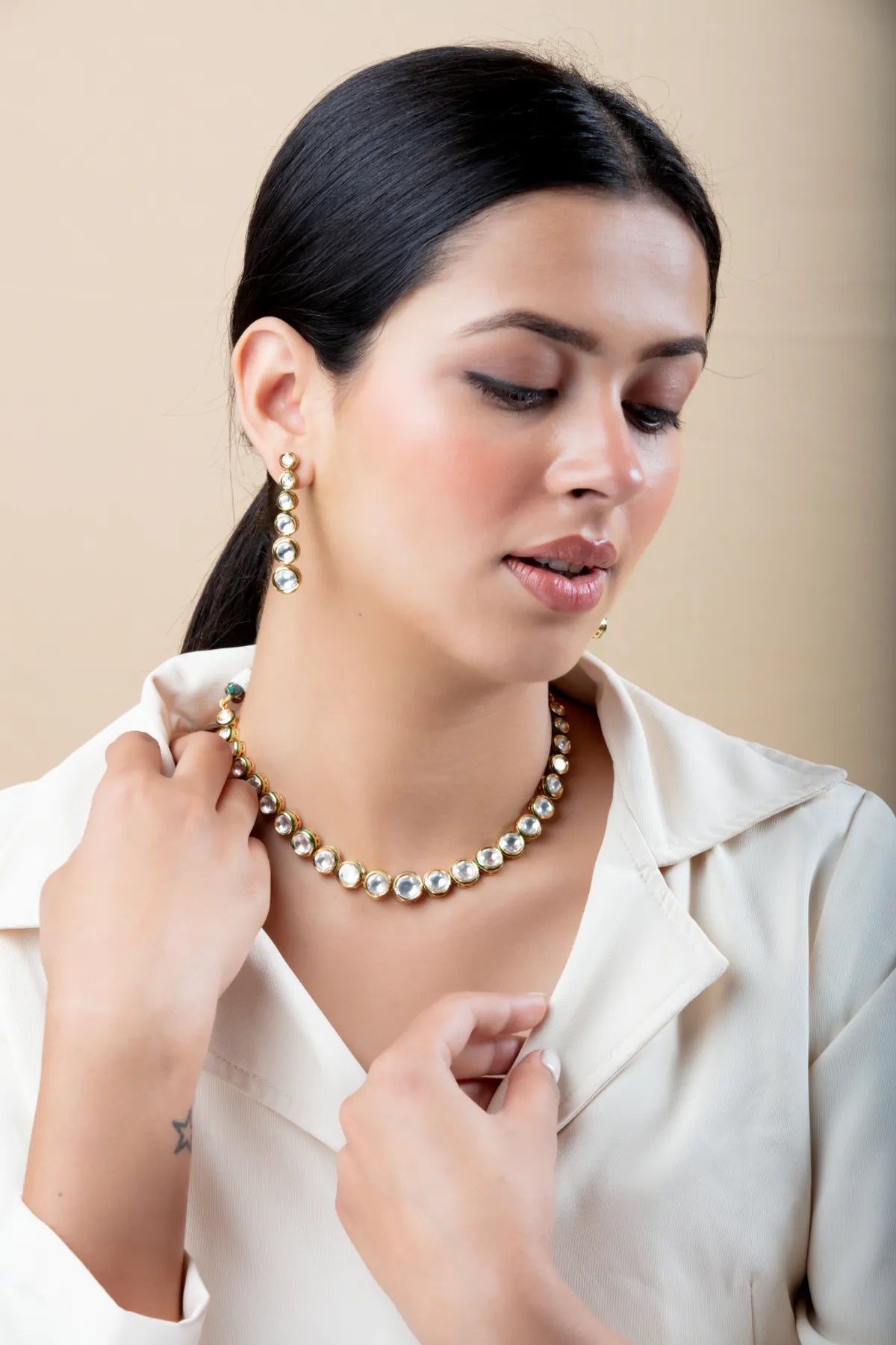 Kundan Choker Necklace Set with Long Earrings | Gold Finish Festive Jewelry