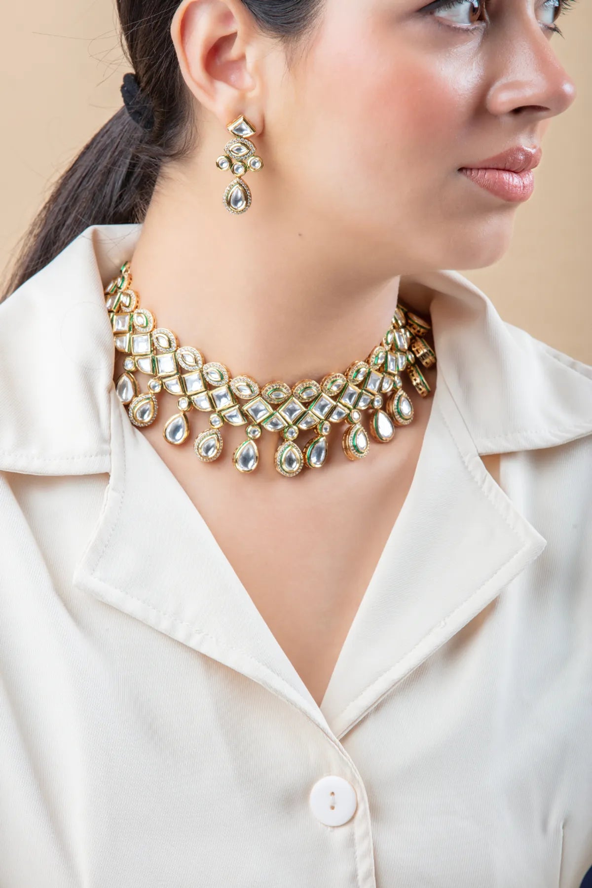 Gold-Tone Mirror Choker Necklace Set with Matching Earrings