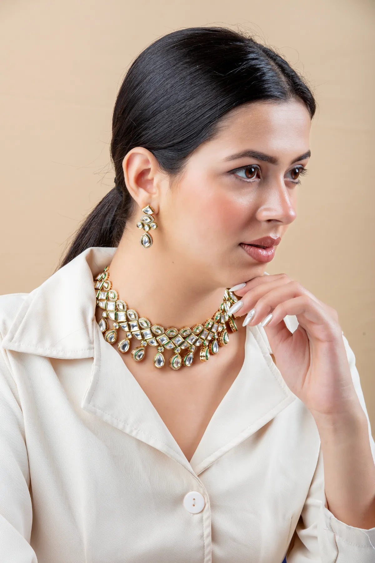 Gold-Tone Mirror Choker Necklace Set with Matching Earrings