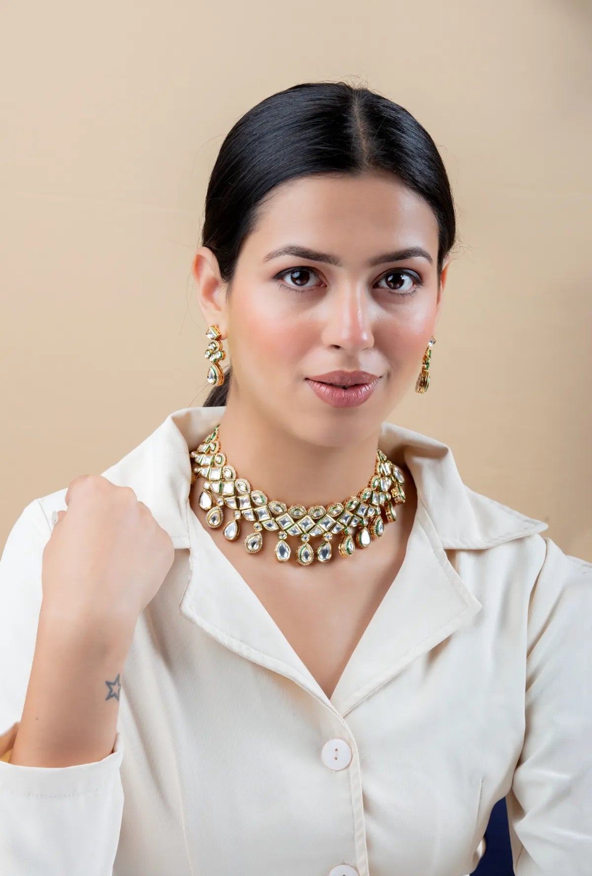Gold-Tone Mirror Choker Necklace Set with Matching Earrings