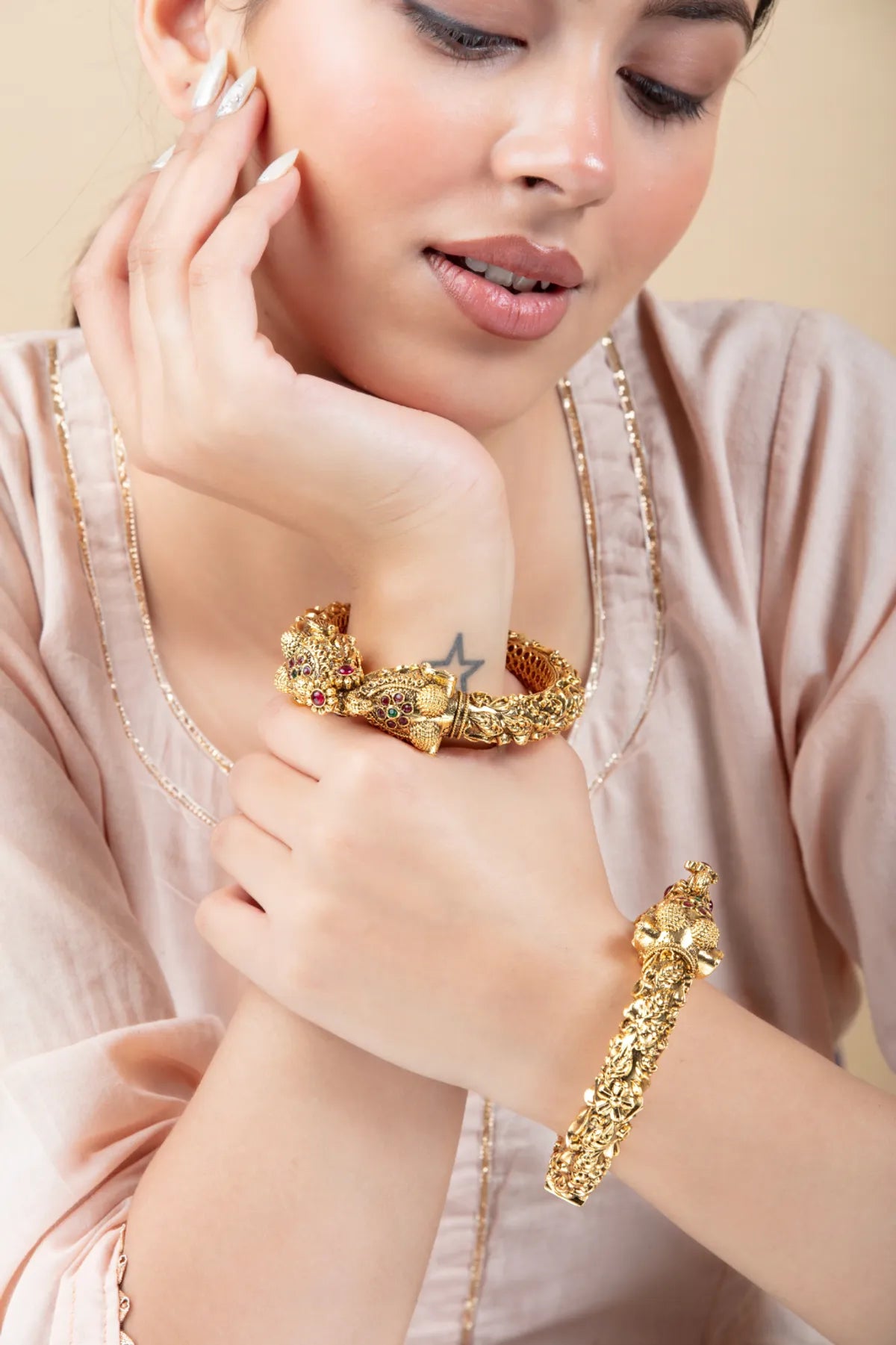 Antique Gold Peacock Kada with Floral Filigree – Bridal Bangle