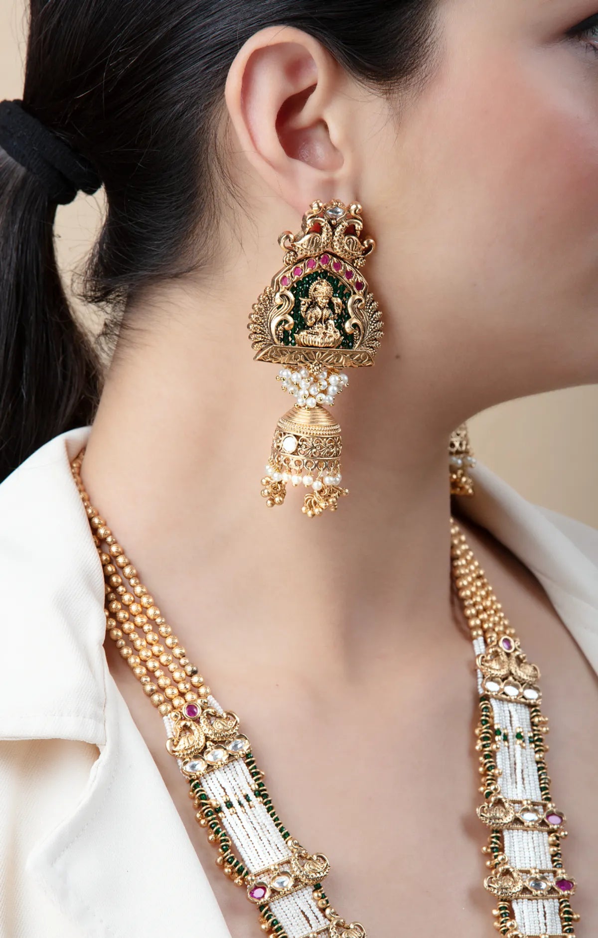Temple Style Long Necklace Set with Lakshmi Pendant & Jhumka Earrings