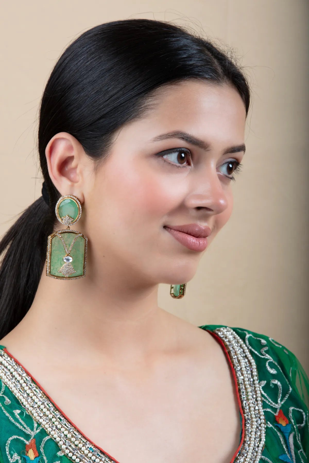 Green Drop Earrings with Stone Center & Gold Finish | Festive Wear
