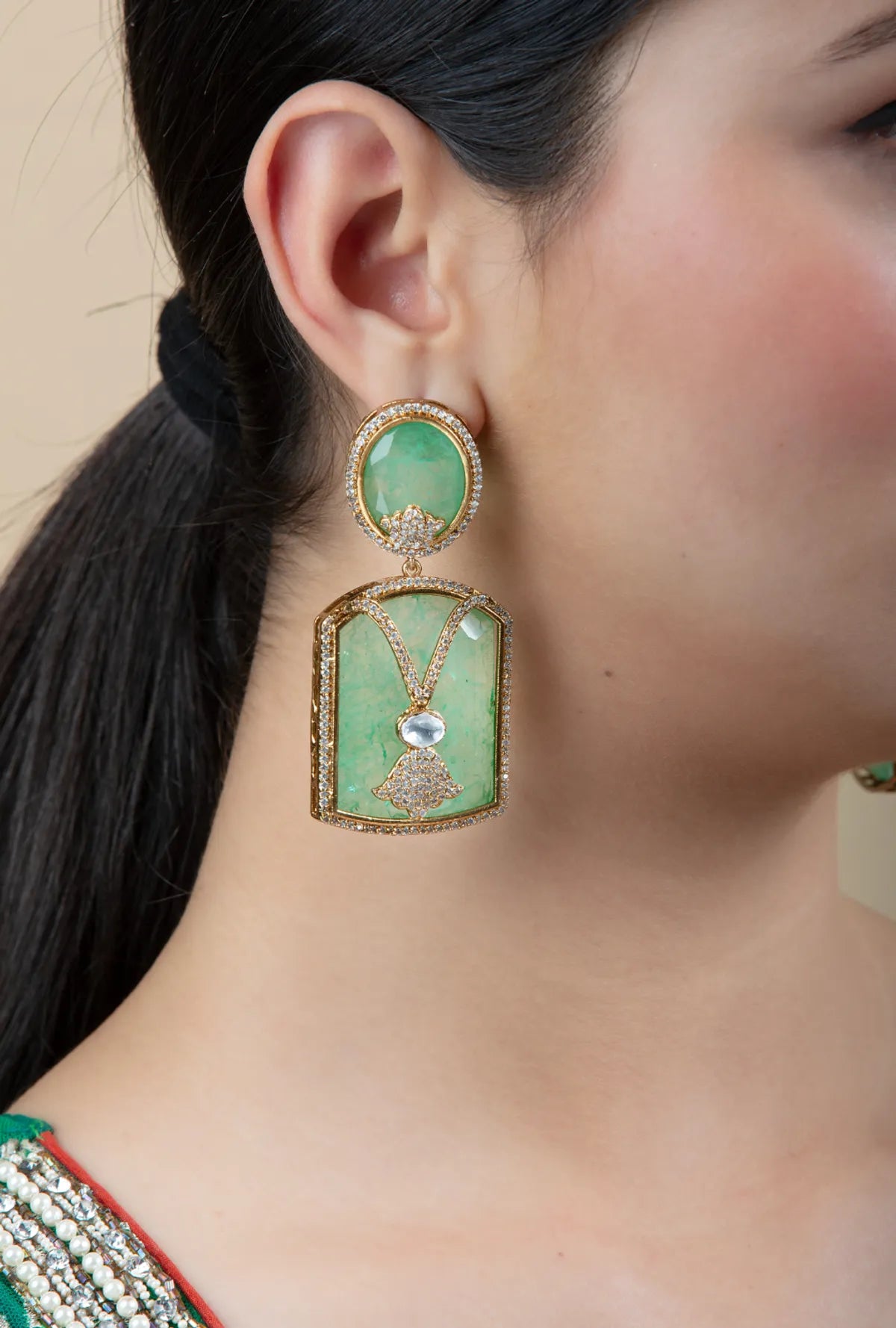 Green Drop Earrings with Stone Center & Gold Finish | Festive Wear