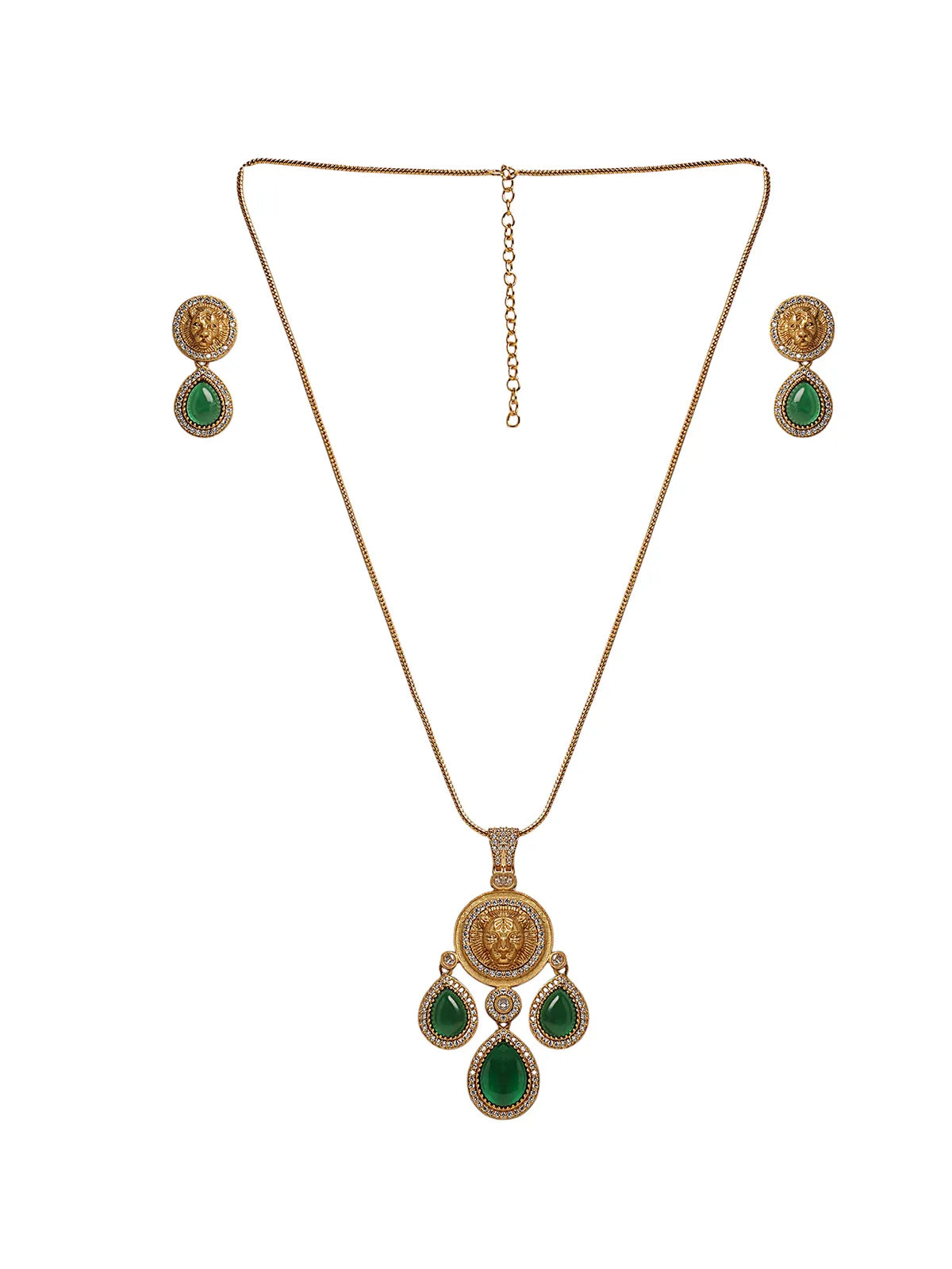 Gold-Plated Lion Pendant Set with Green Stones & Chain – With Crystal Accents