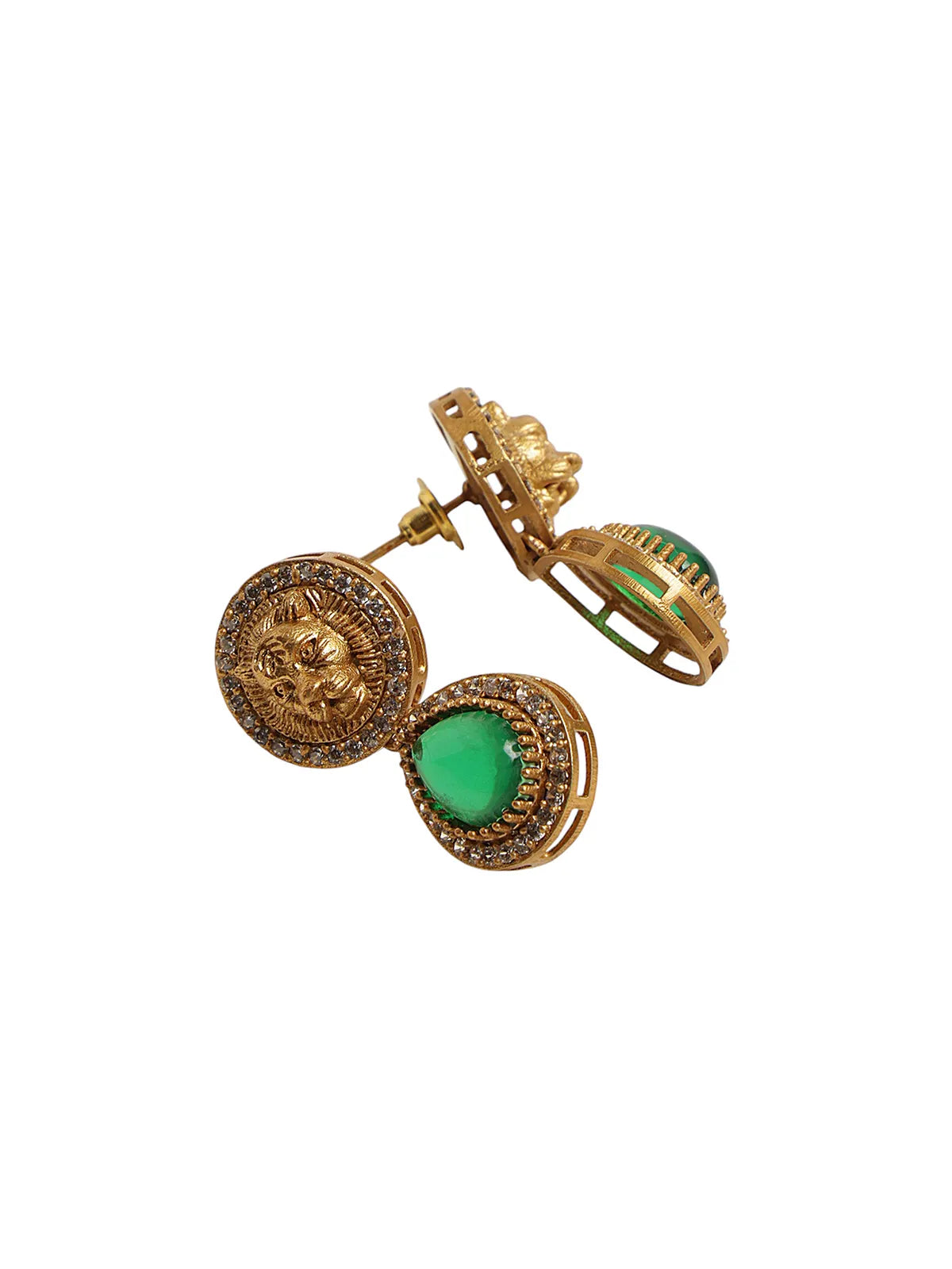Gold-Plated Lion Pendant Set with Green Stones & Chain – With Crystal Accents