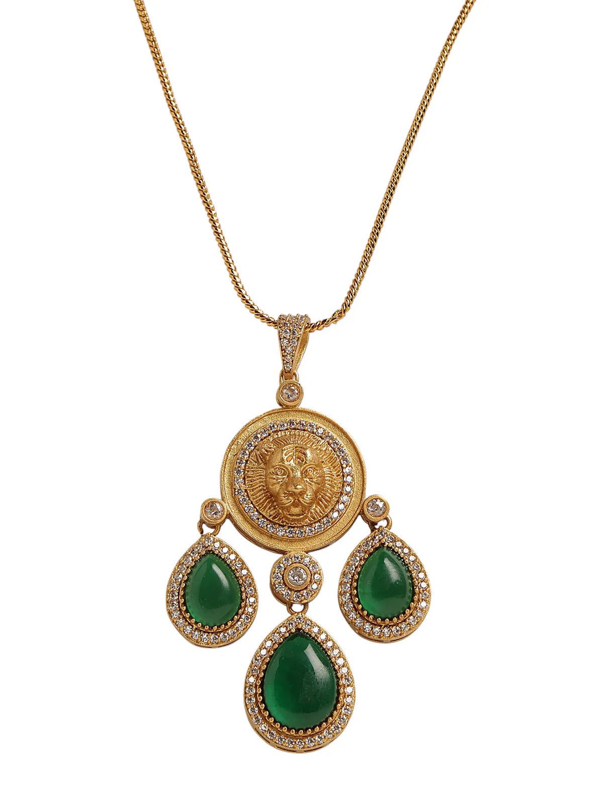 Gold-Plated Lion Pendant Set with Green Stones & Chain – With Crystal Accents