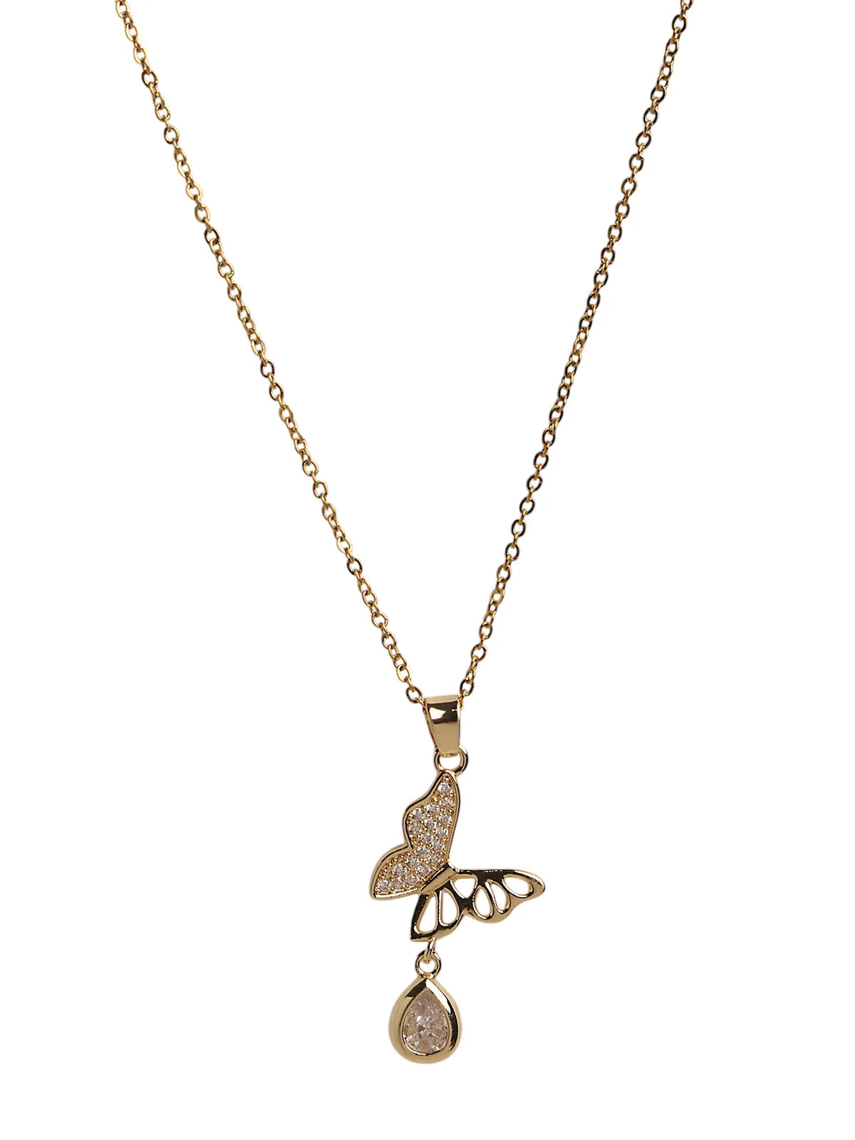 Gold Butterfly Pendant with Drop Crystal Charm