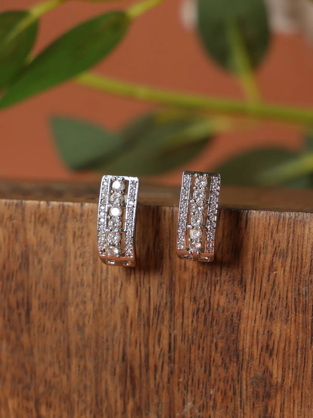 Silver-Tone Half Hoop Earrings with Double Row Stones