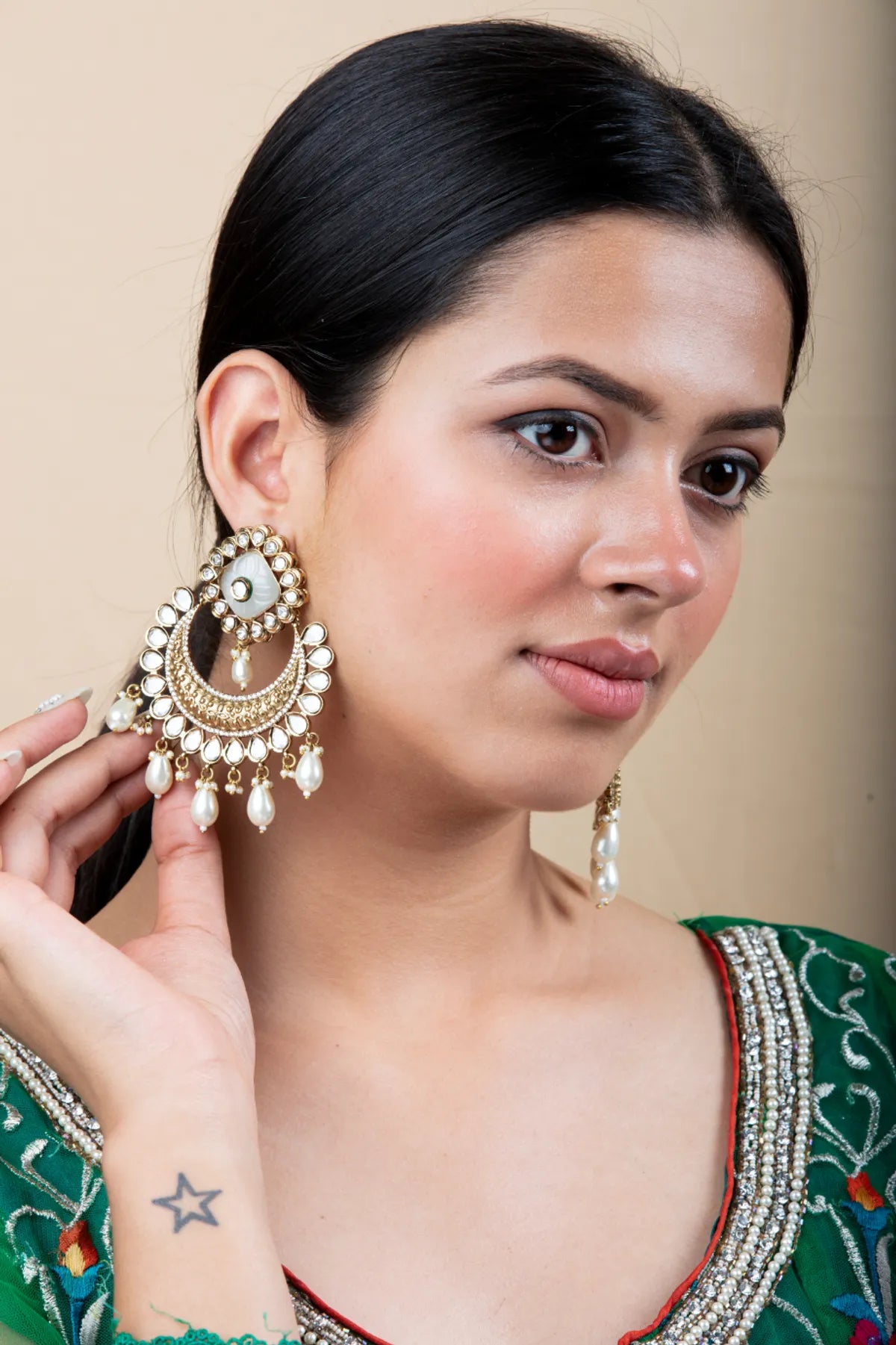 Gold Crescent Mirror Earrings with Hanging Pearls | Festive Kundan Style