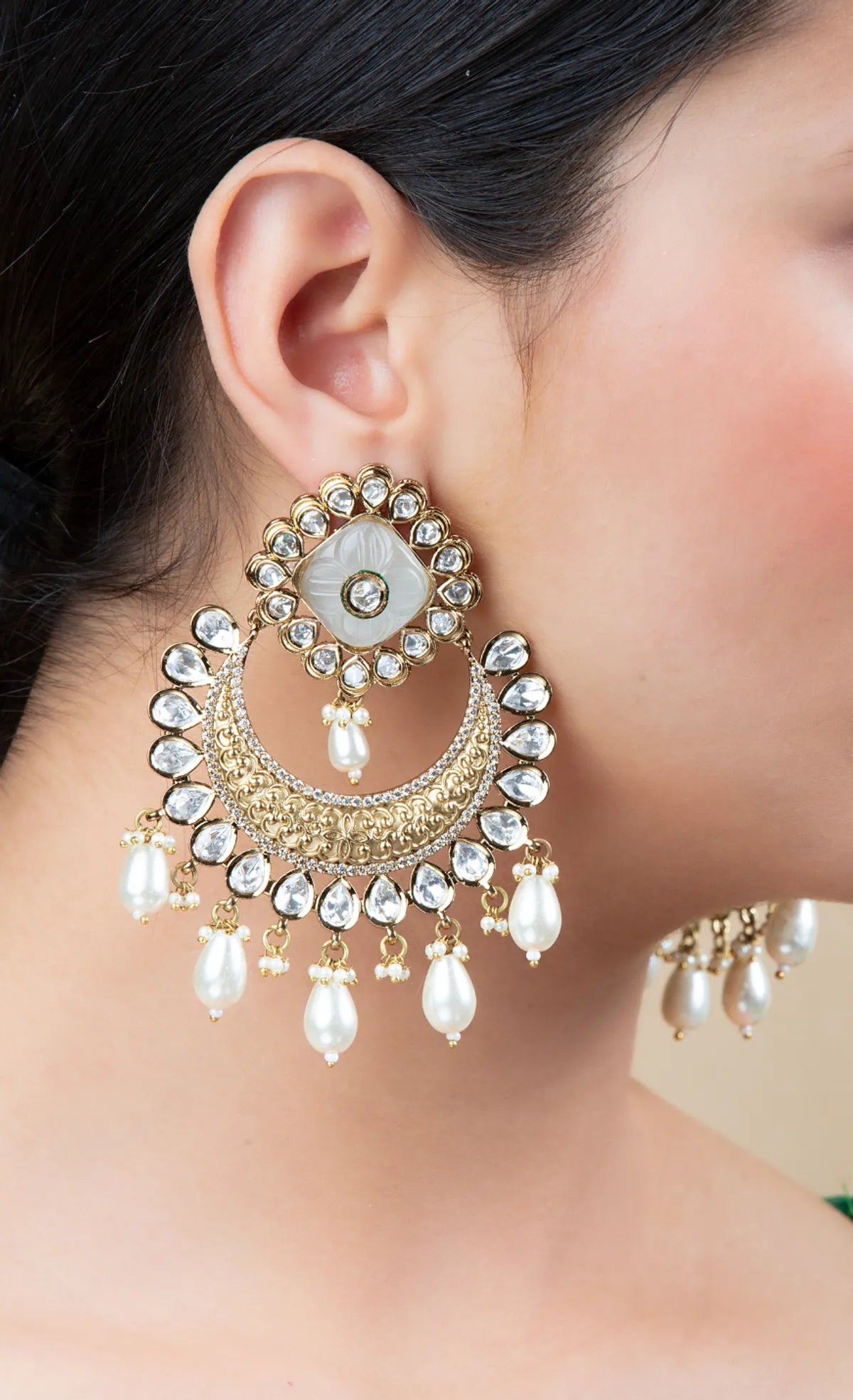 Gold Crescent Mirror Earrings with Hanging Pearls | Festive Kundan Style