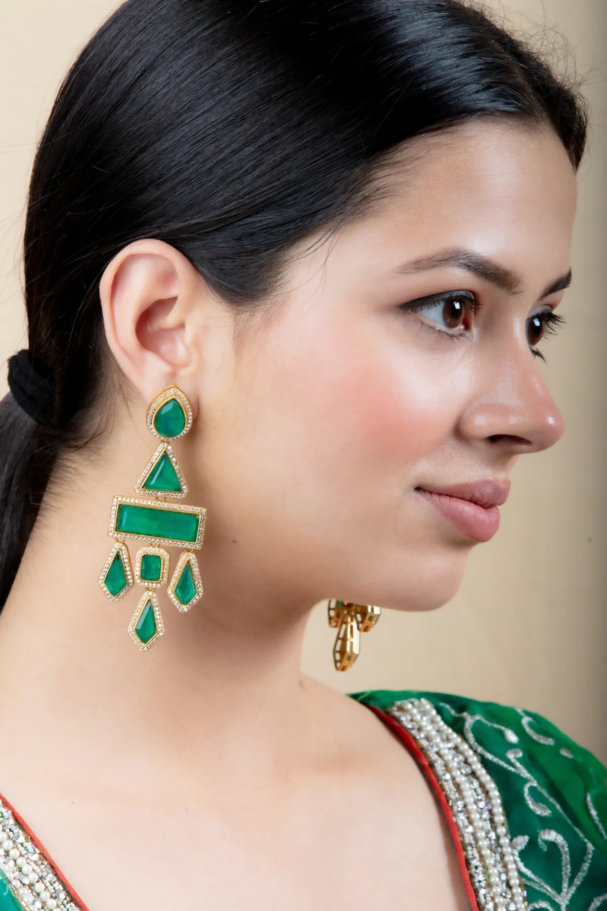 Green Geometric Drop Earrings | Festive & Lightweight