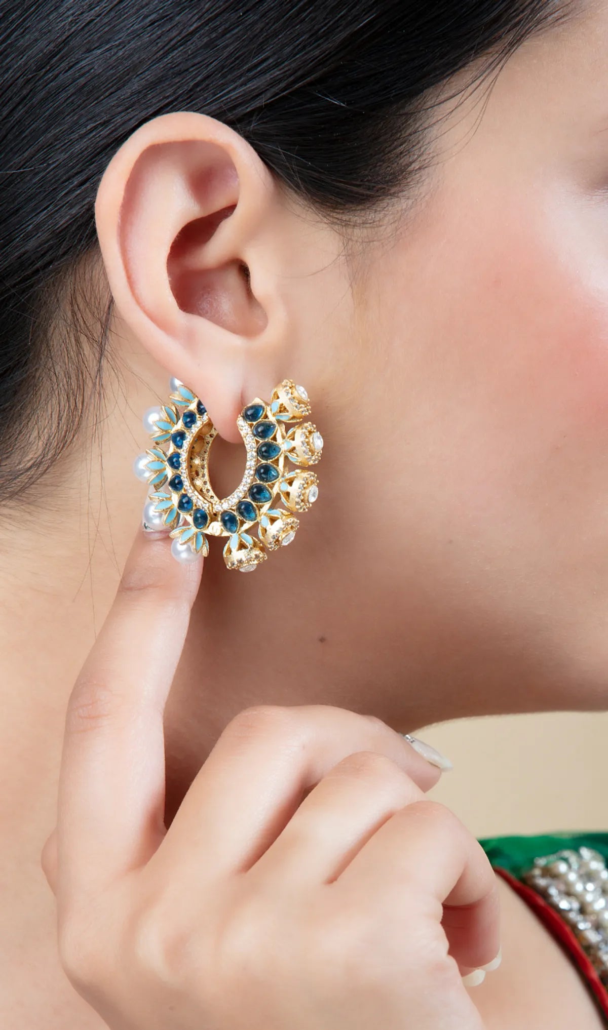 Gold Crescent Earrings with Pearl & Stone Details | Festive Wear