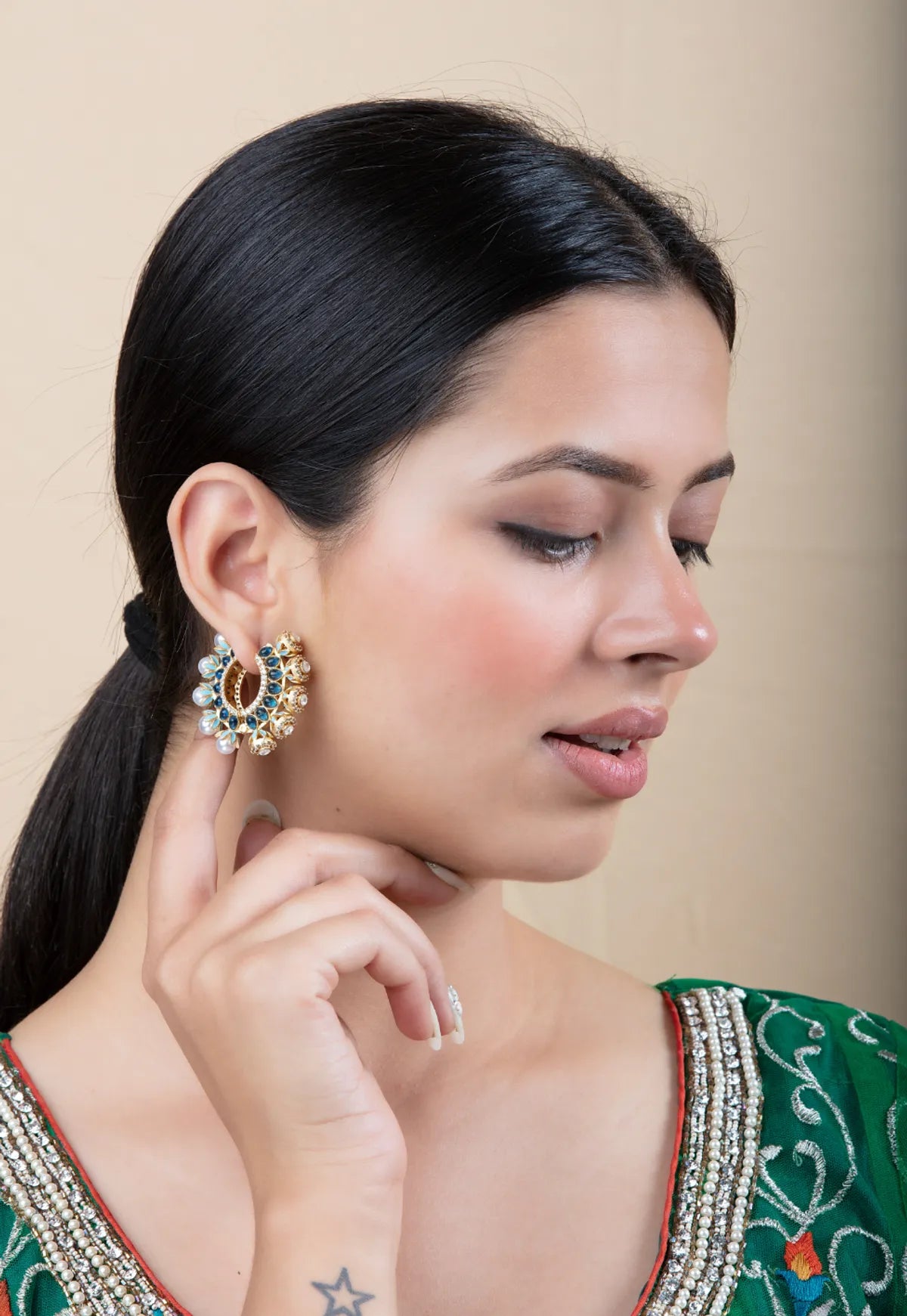 Gold Crescent Earrings with Pearl & Stone Details | Festive Wear