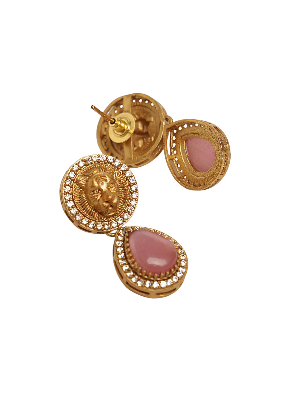 Gold Pendant with Pink Stone Drops and Lion Motif