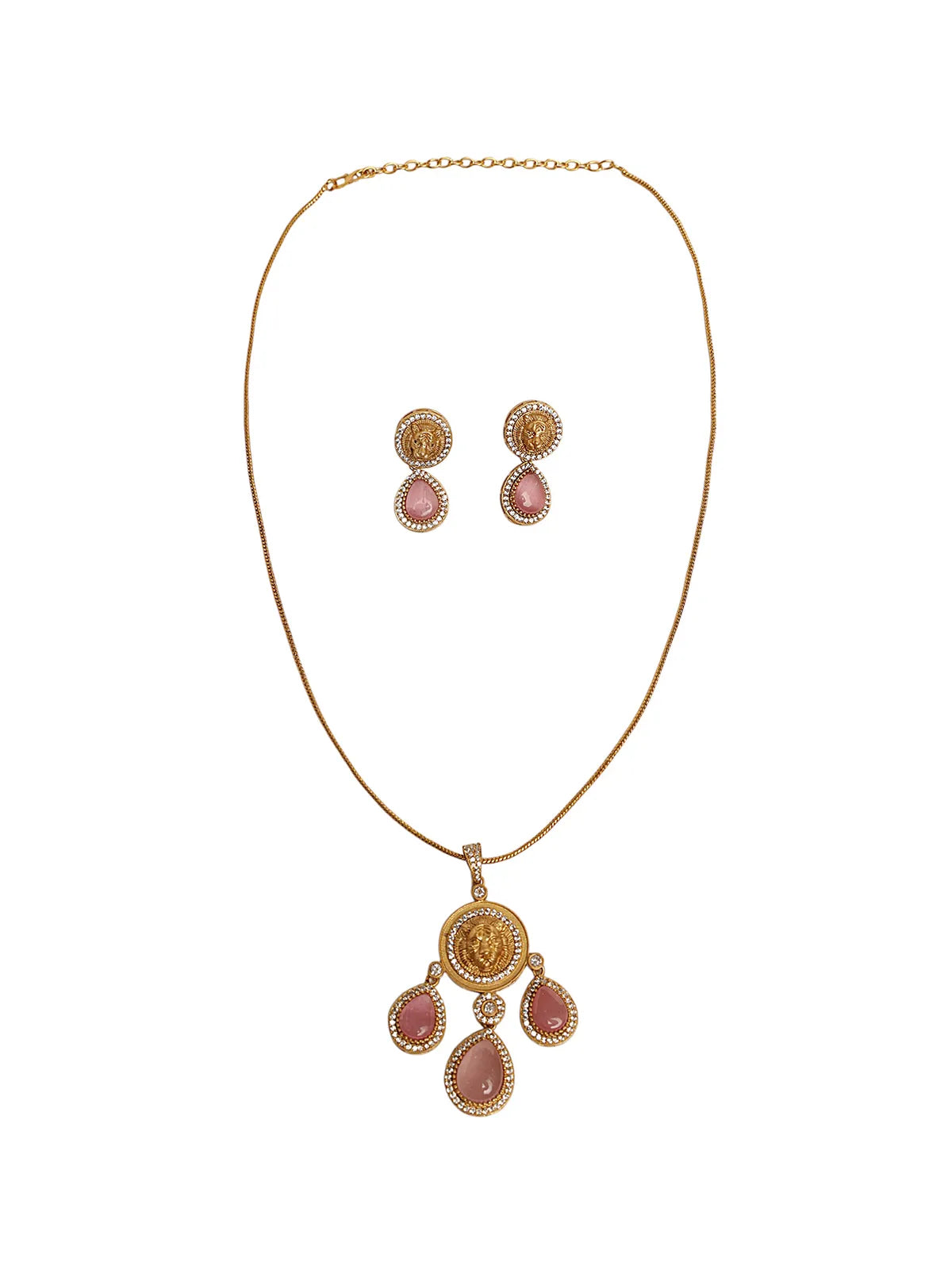 Gold Pendant with Pink Stone Drops and Lion Motif