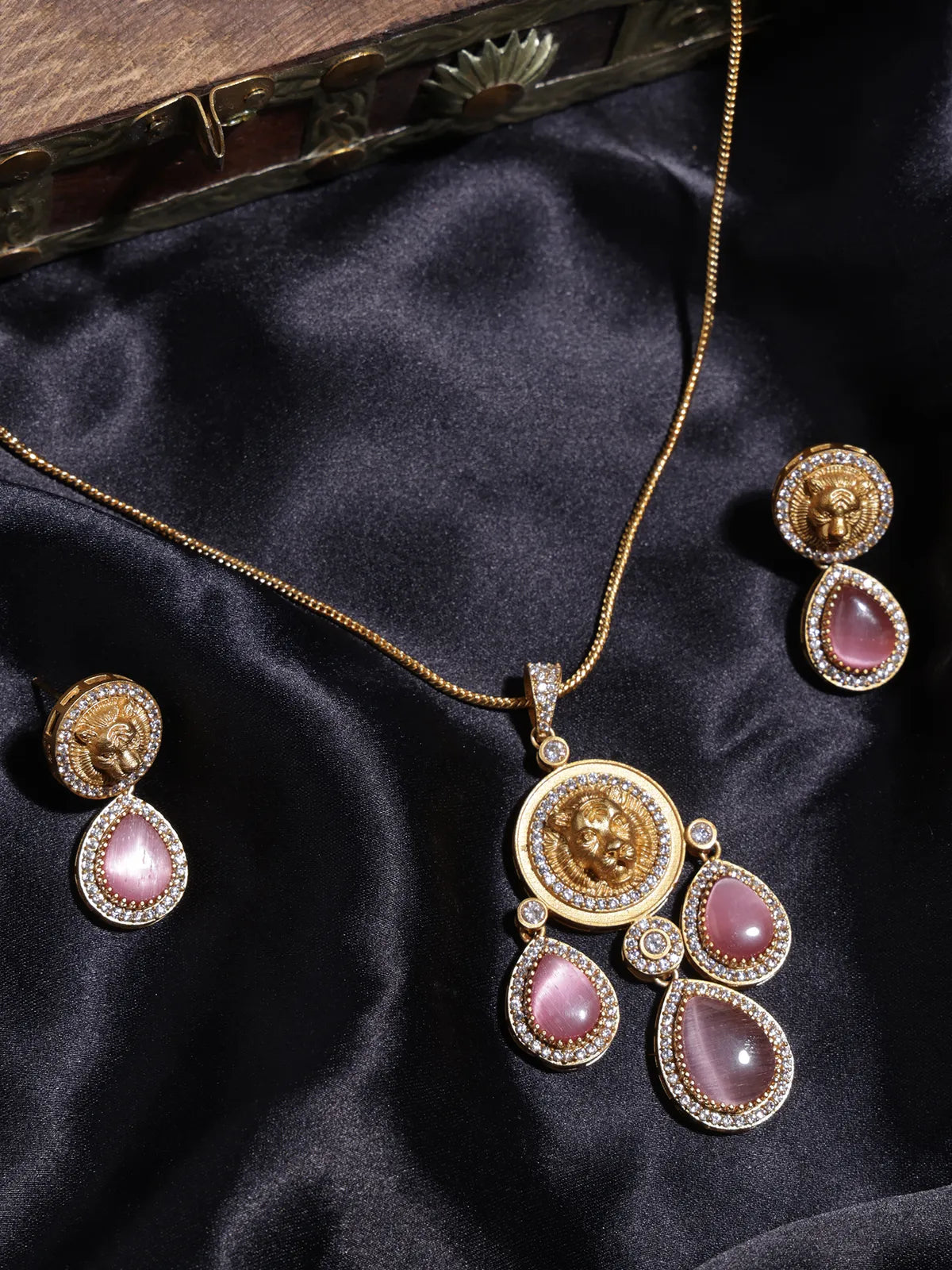 Gold Pendant with Pink Stone Drops and Lion Motif