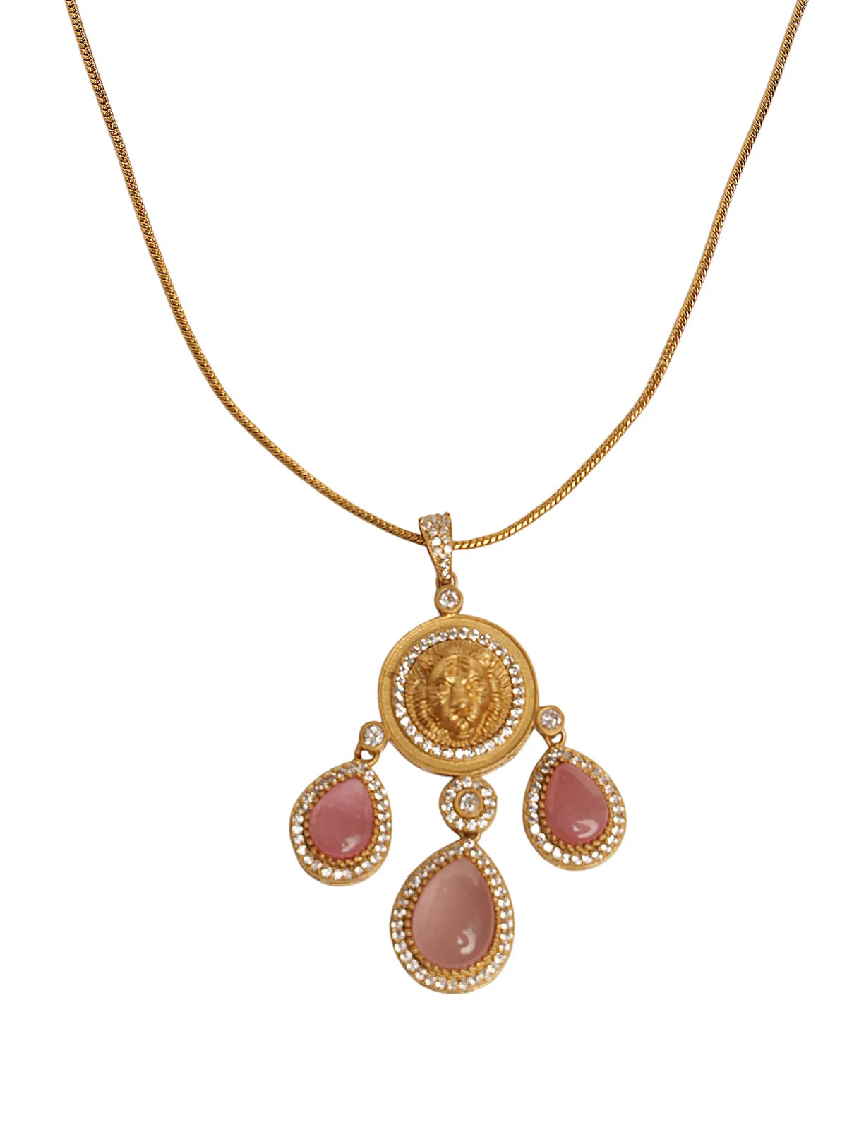 Gold Pendant with Pink Stone Drops and Lion Motif