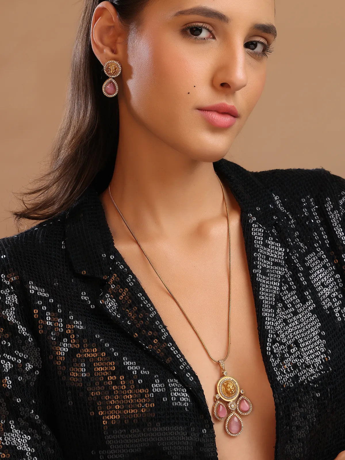 Gold Pendant with Pink Stone Drops and Lion Motif