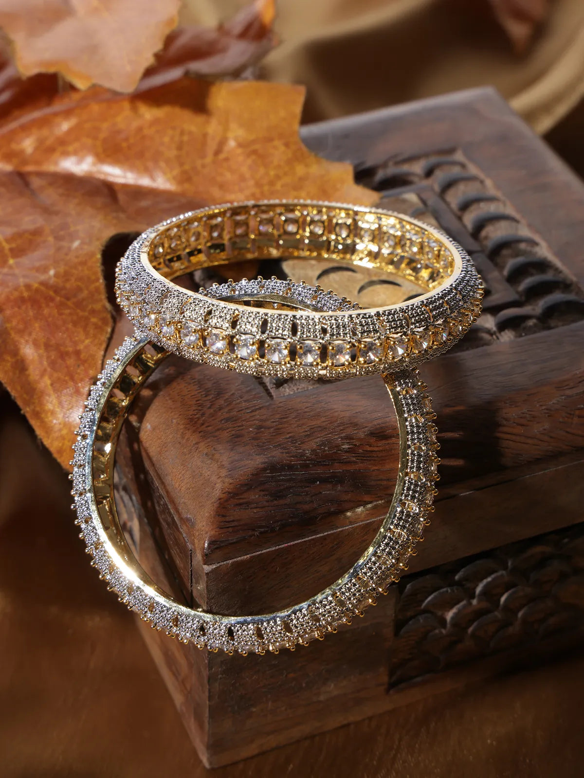 Gold-Tone Bangles with Stone & Silver Textured Detail – Party Wear