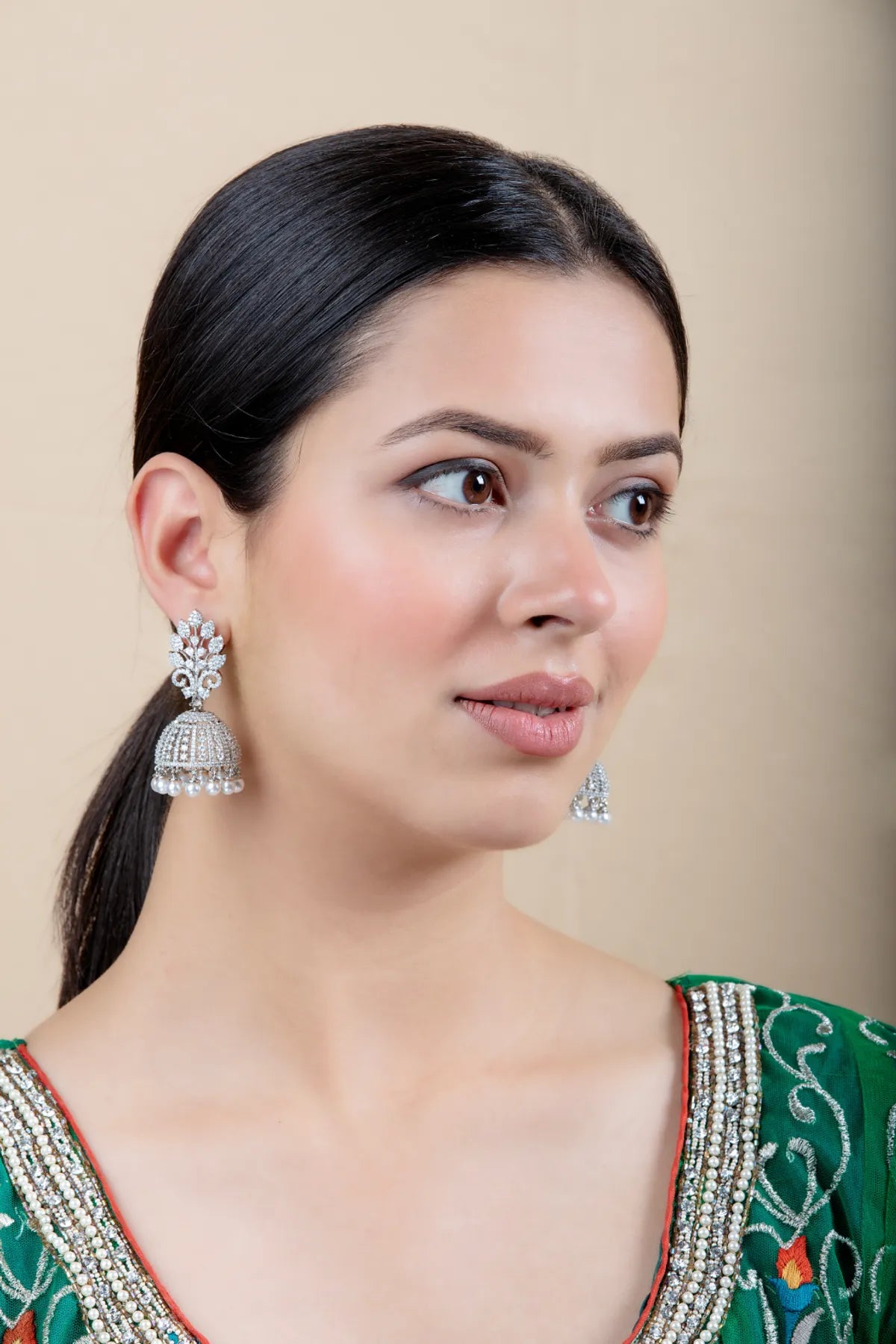 Silver-Tone Jhumka Earrings | Pearl Drops & Leaf Design