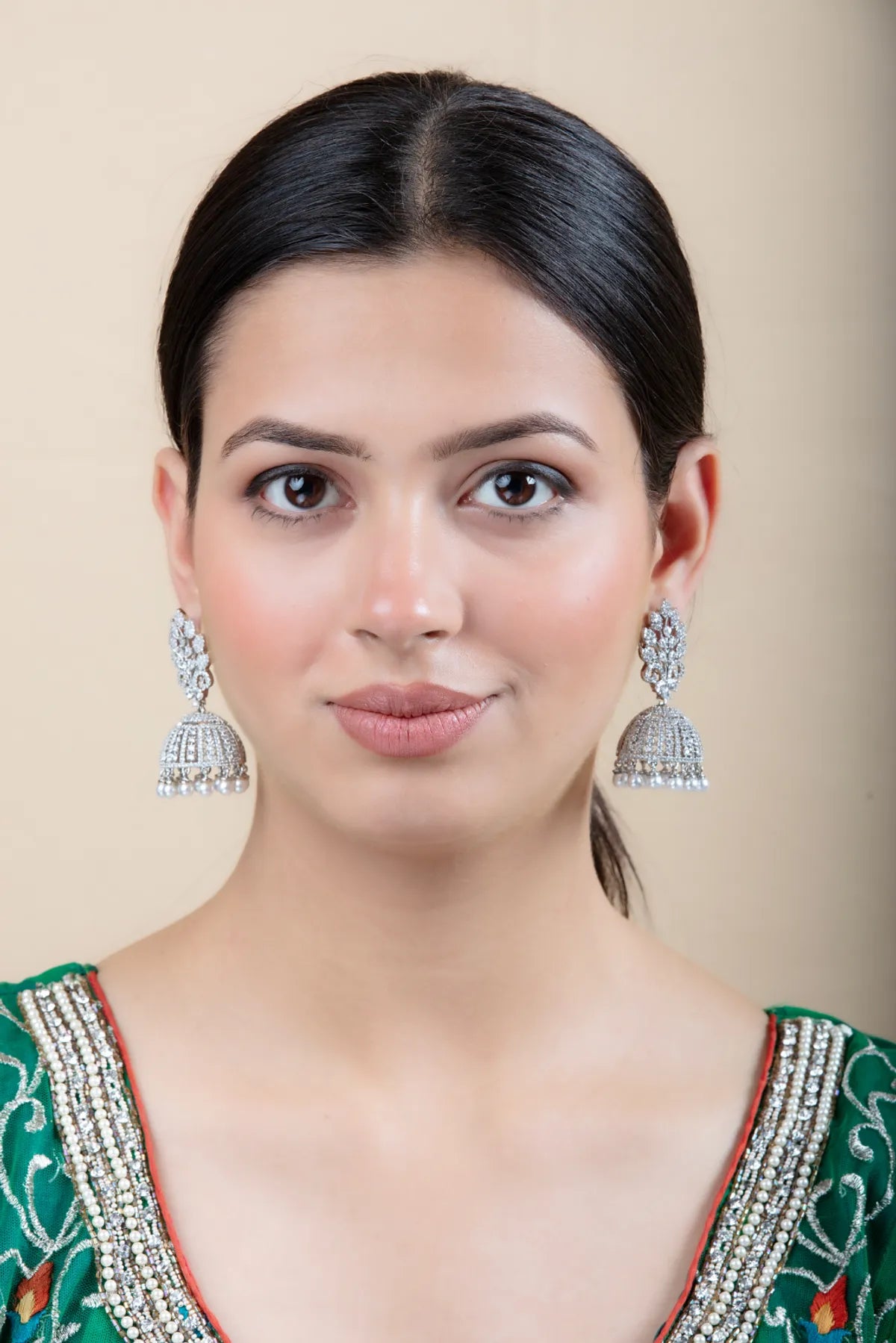 Silver-Tone Jhumka Earrings | Pearl Drops & Leaf Design