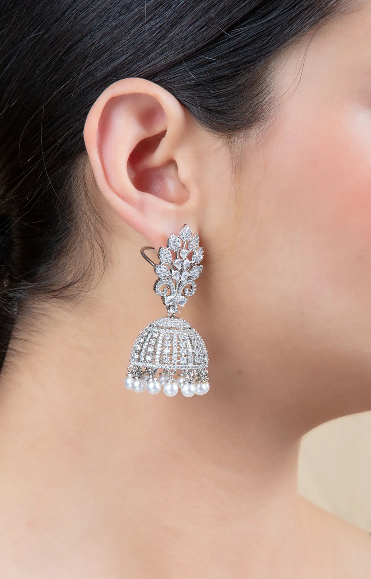 Silver-Tone Jhumka Earrings | Pearl Drops & Leaf Design