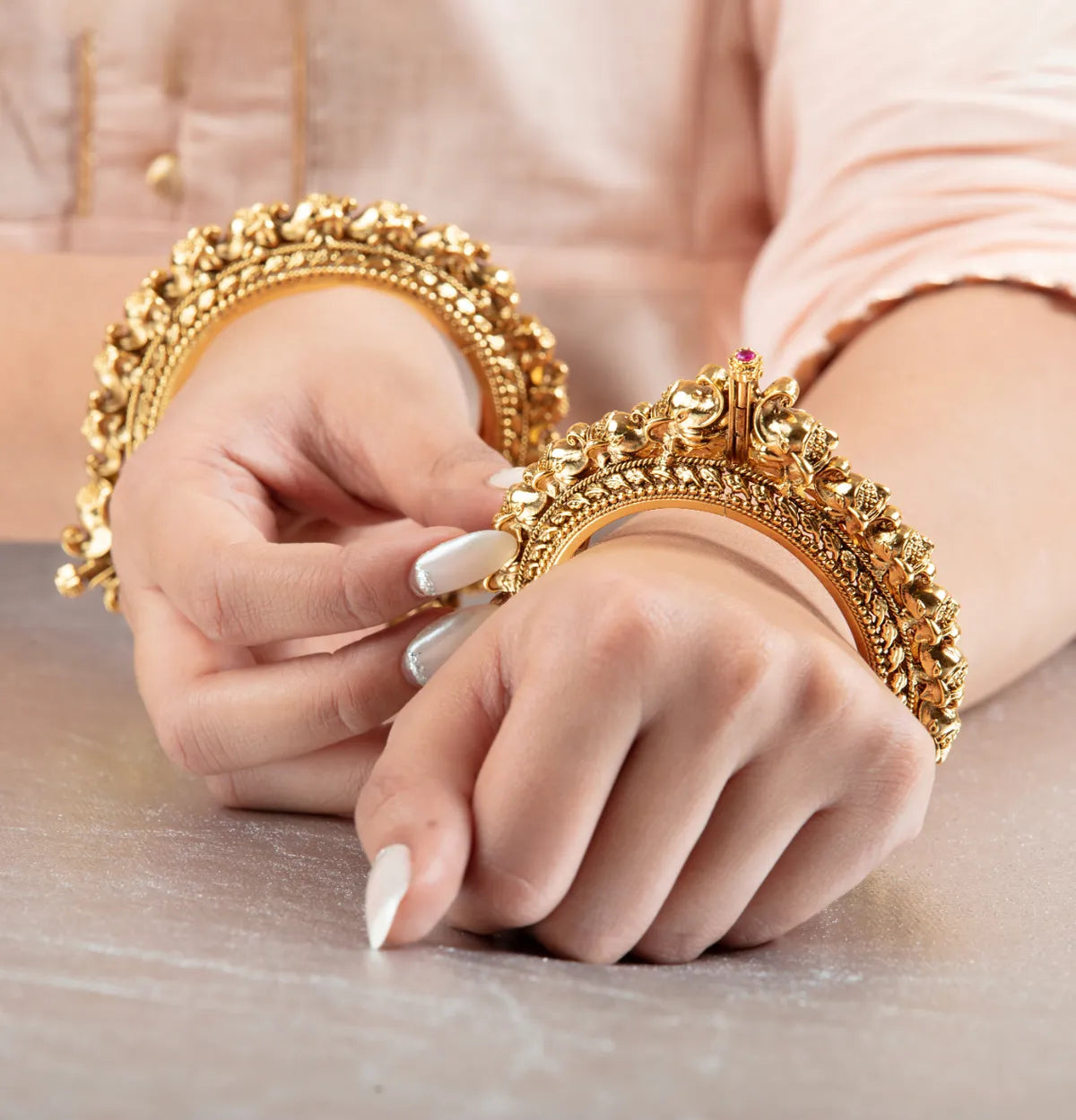 Temple-Style Lakshmi Bangle with Floral Edges – South Indian Bridal Wear