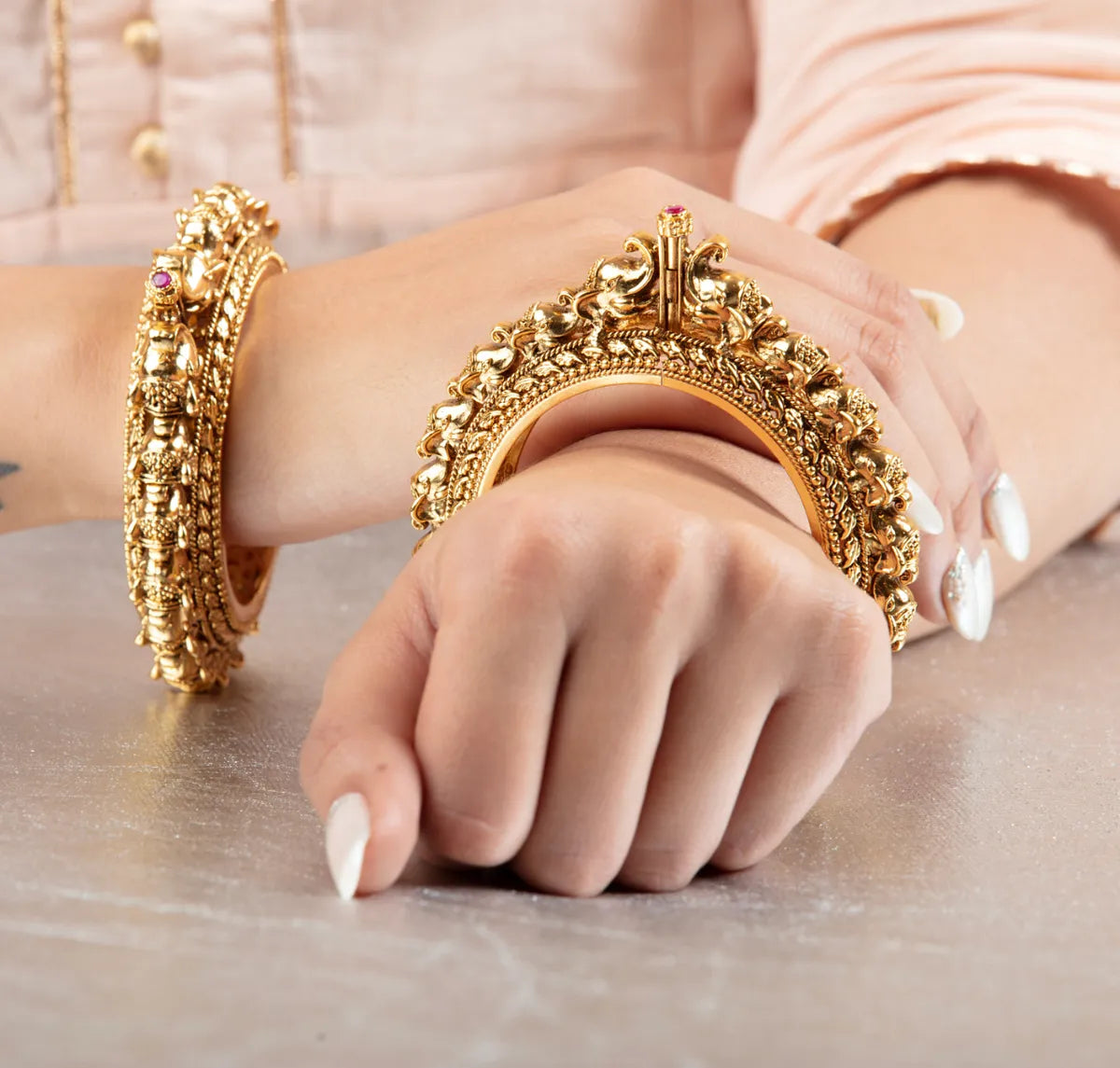 Temple-Style Lakshmi Bangle with Floral Edges – South Indian Bridal Wear