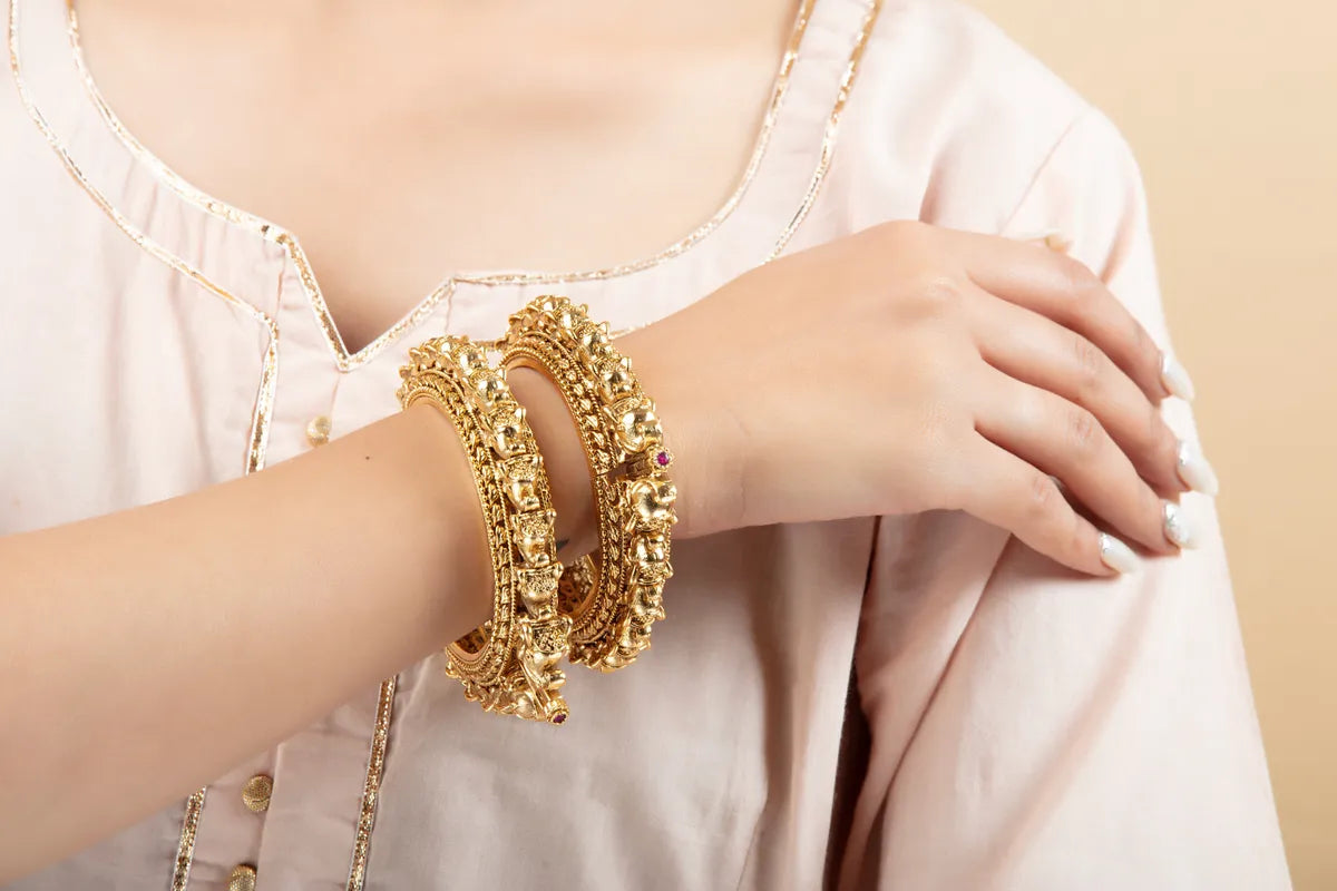 Temple-Style Lakshmi Bangle with Floral Edges – South Indian Bridal Wear