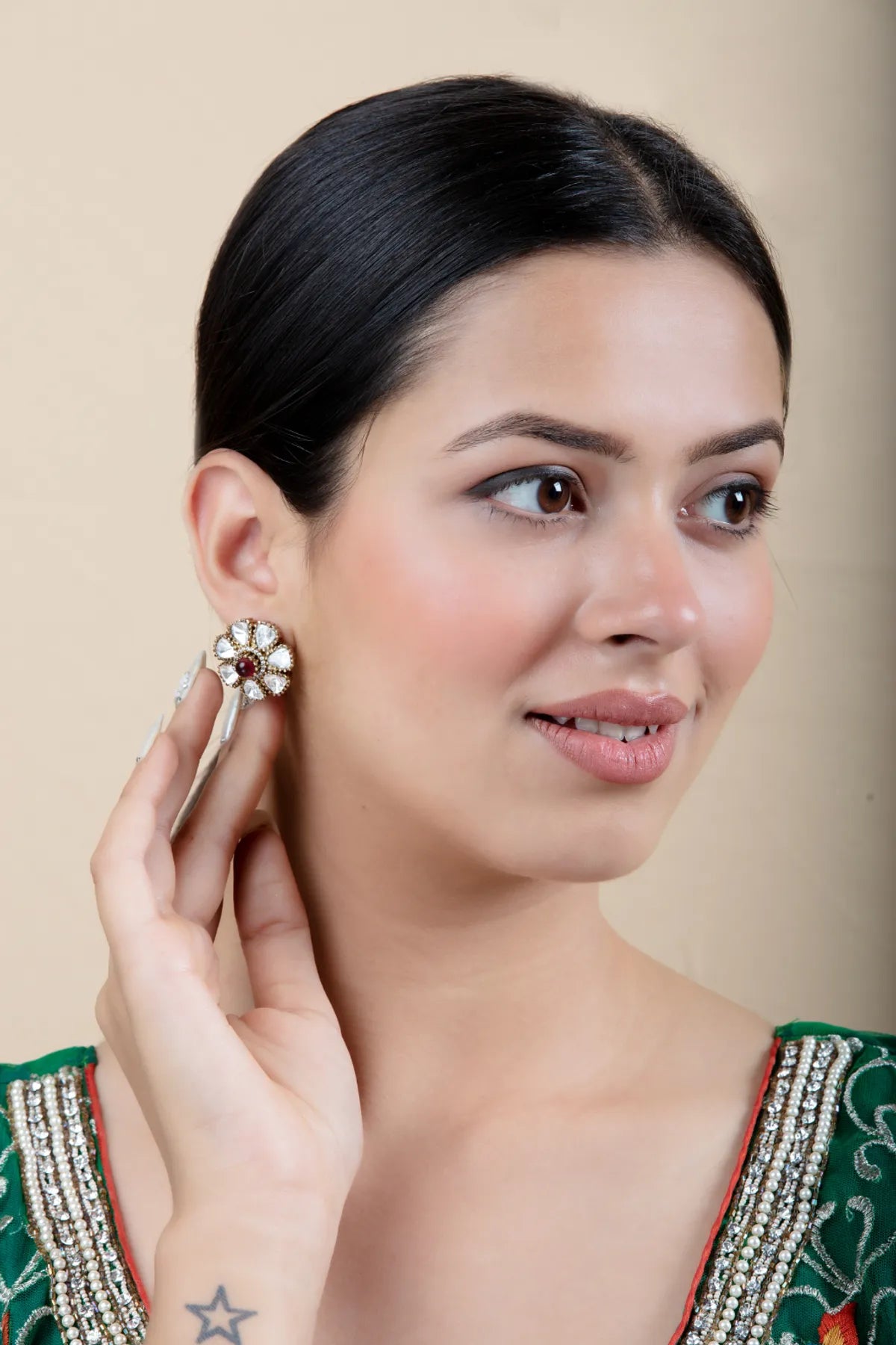 Floral Stud Earrings with Maroon Center | Lightweight Wear