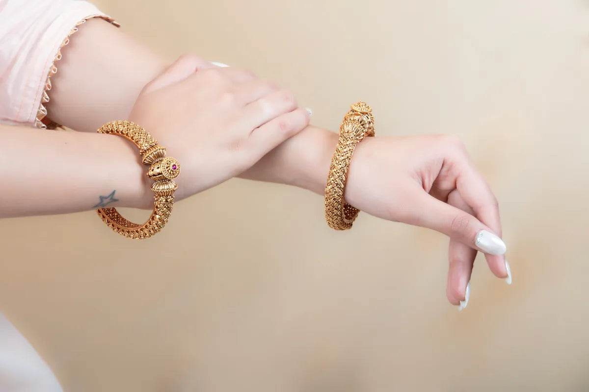 Antique Gold Lion Head Kada Bangle with Carved Temple Design – Traditional Wear