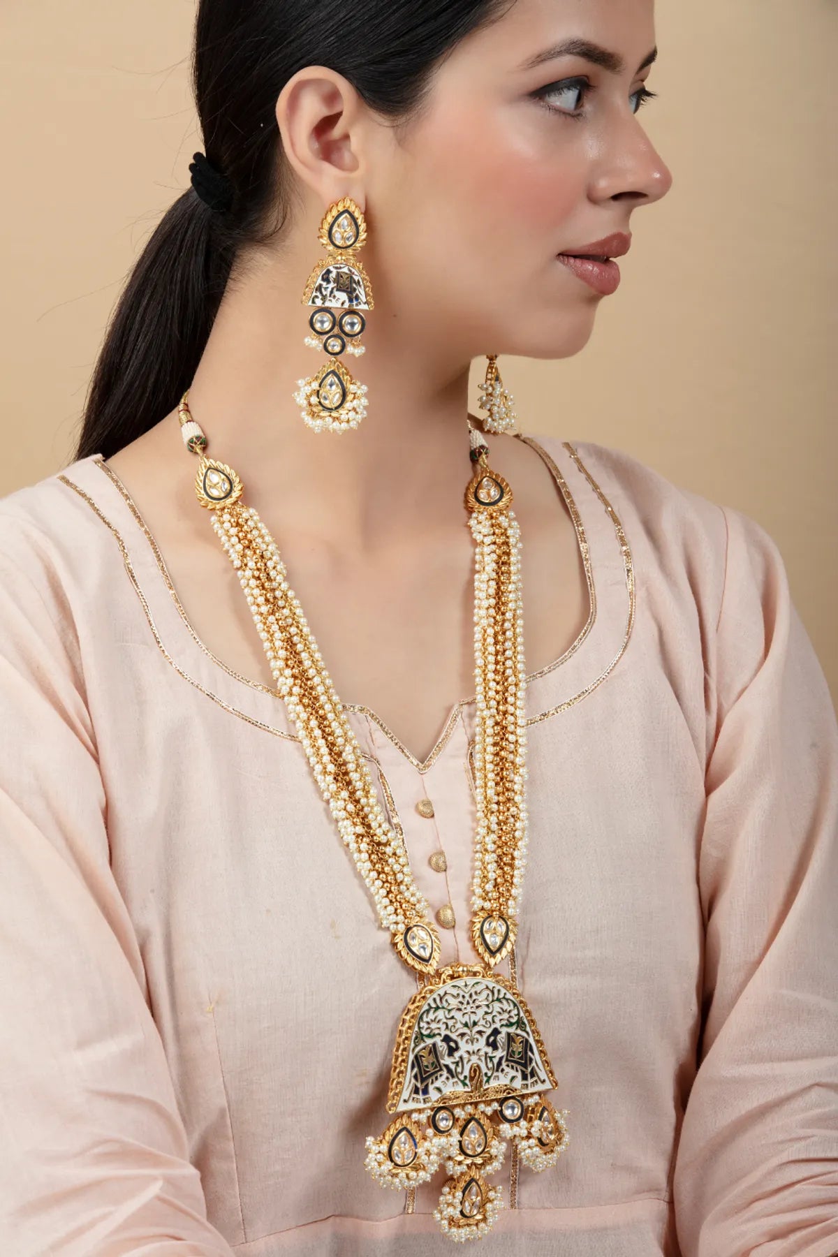 Pearl Long Necklace Set with Meenakari Pendant & Kundan Studs