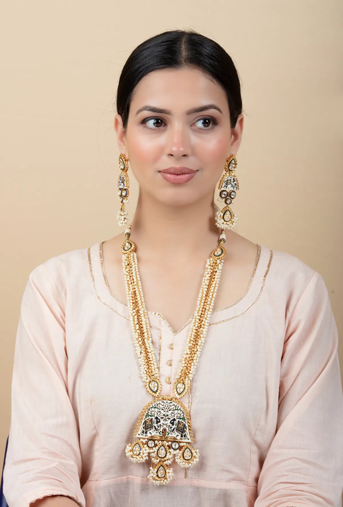 Pearl Long Necklace Set with Meenakari Pendant & Kundan Studs