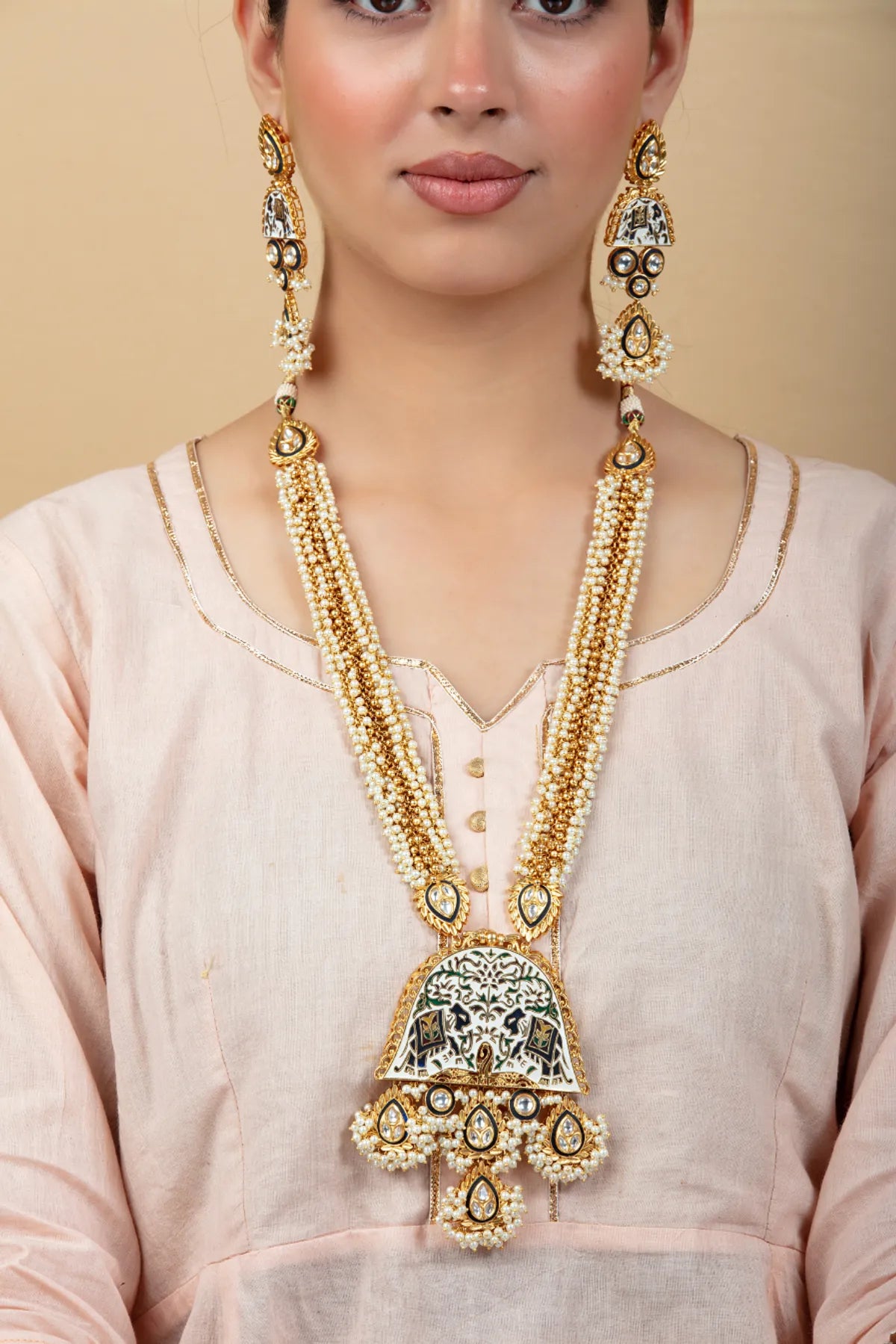 Pearl Long Necklace Set with Meenakari Pendant & Kundan Studs