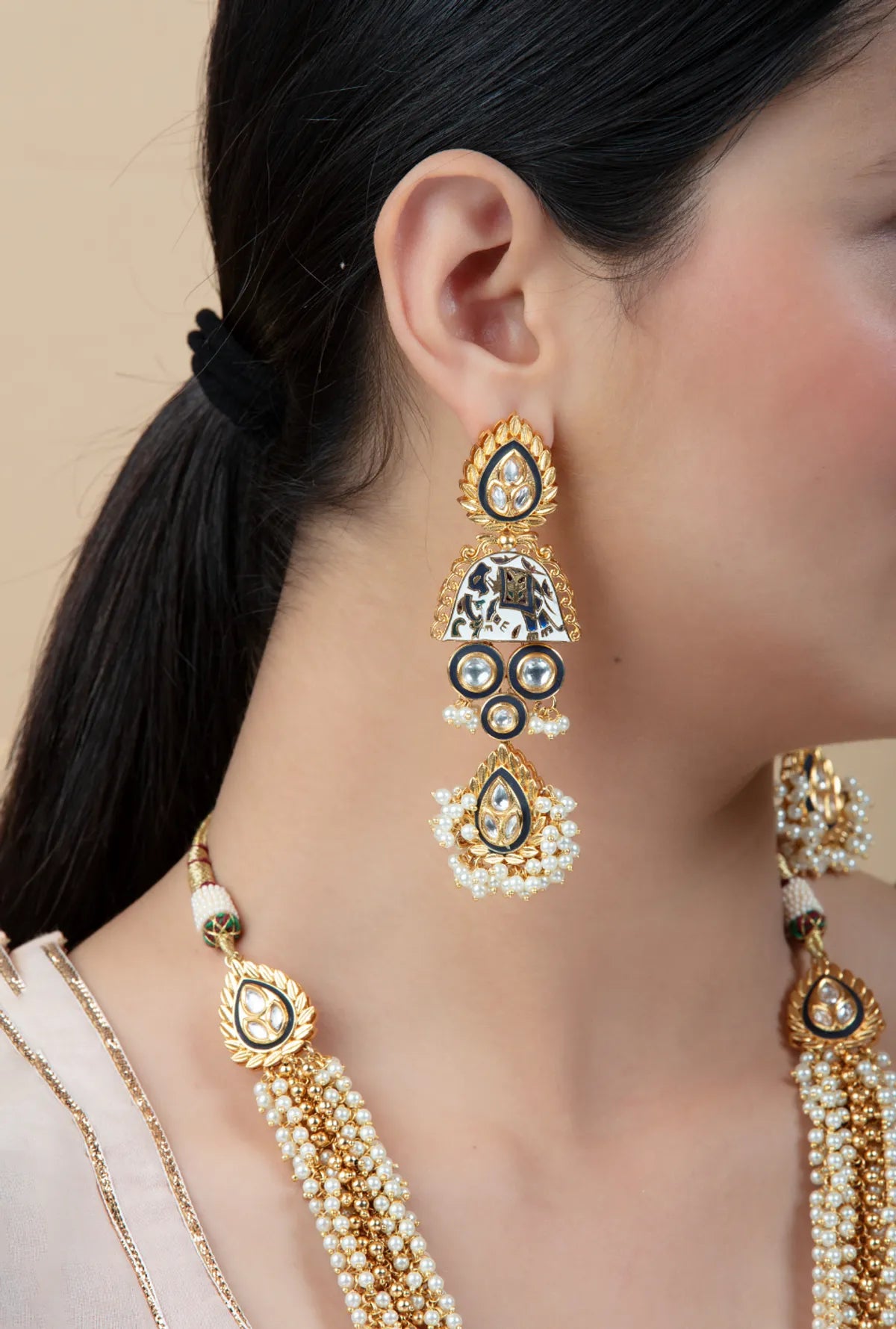Pearl Long Necklace Set with Meenakari Pendant & Kundan Studs