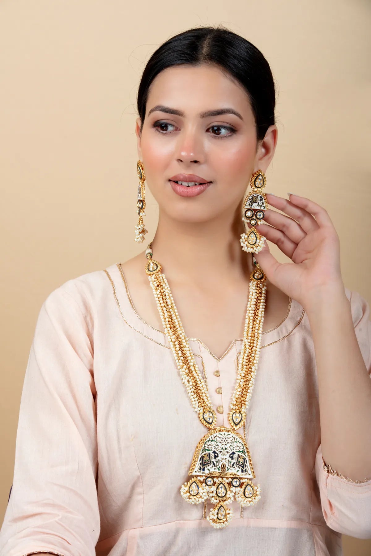 Pearl Long Necklace Set with Meenakari Pendant & Kundan Studs