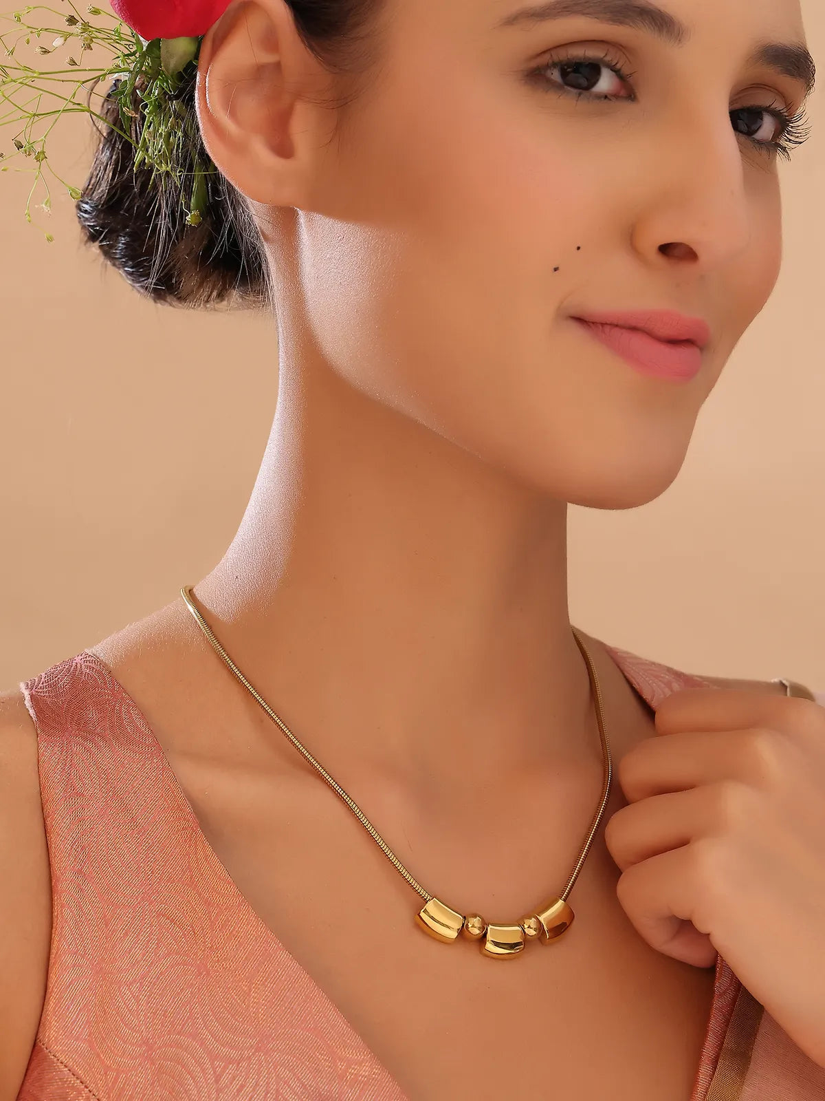Glossy Gold-Toned Bead Pendant Necklace