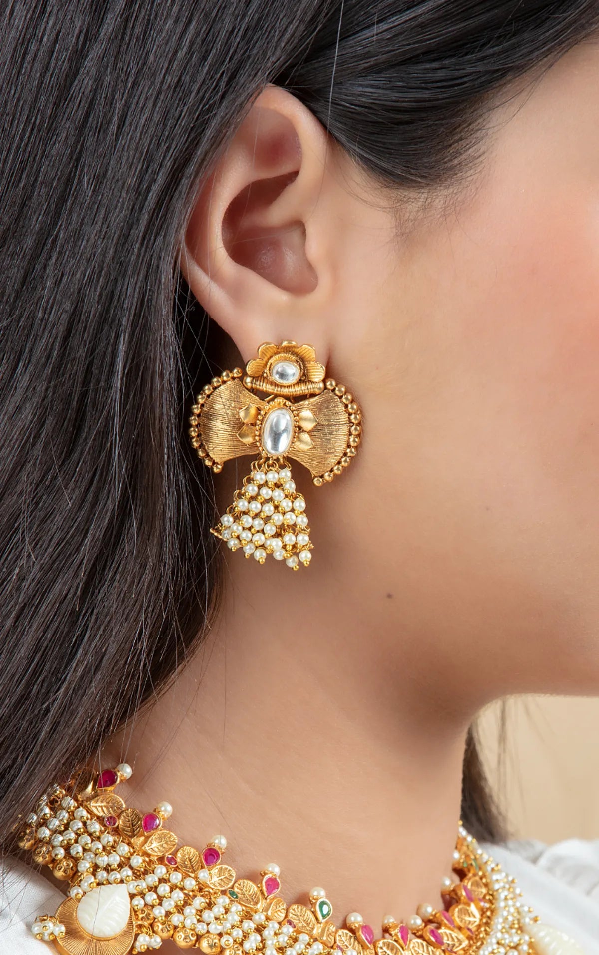 Pearl Kundan Choker Set with Leaf Design & Jhumka Earrings | Gold Finish