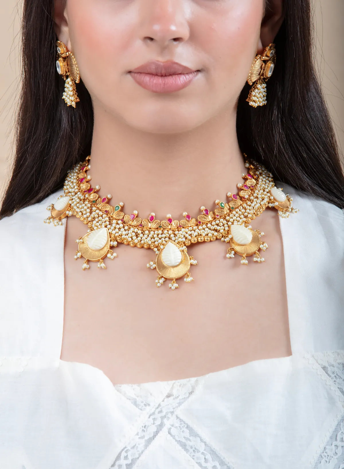 Pearl Kundan Choker Set with Leaf Design & Jhumka Earrings | Gold Finish