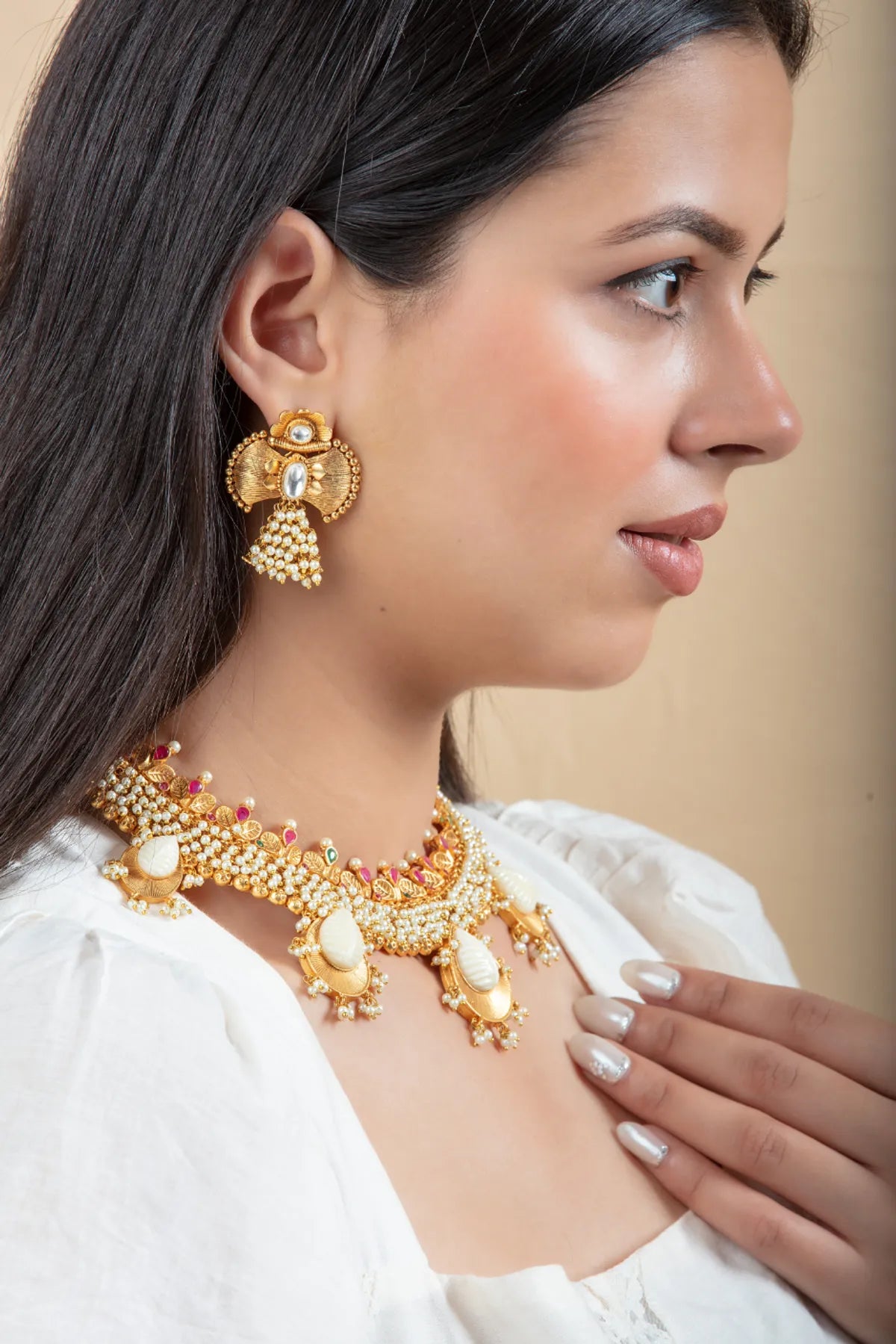 Pearl Kundan Choker Set with Leaf Design & Jhumka Earrings | Gold Finish
