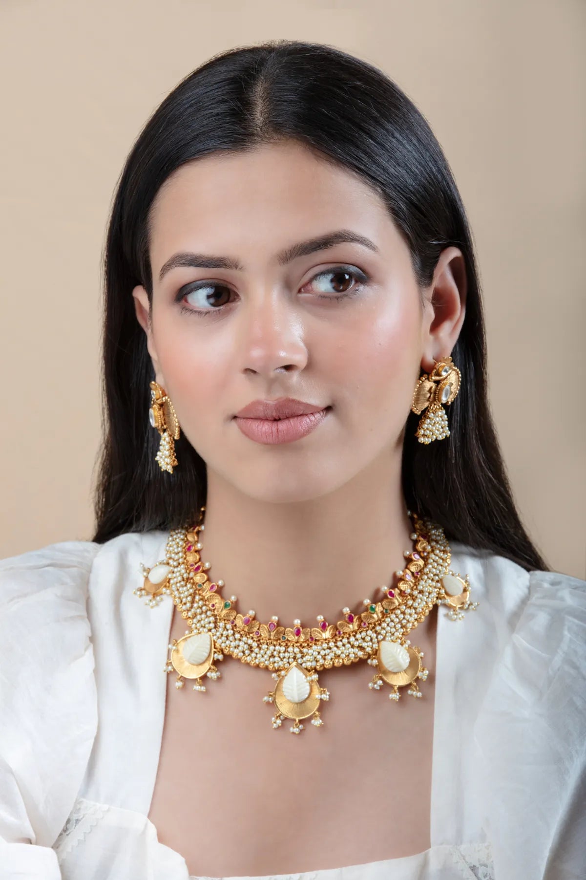 Pearl Kundan Choker Set with Leaf Design & Jhumka Earrings | Gold Finish