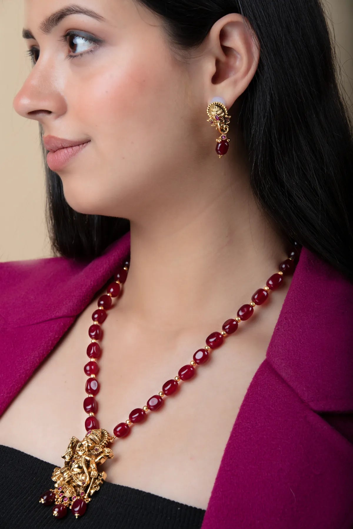 Lakshmi Pendant Necklace with Red Beads & Studs | Temple Jewelry in Gold Finish