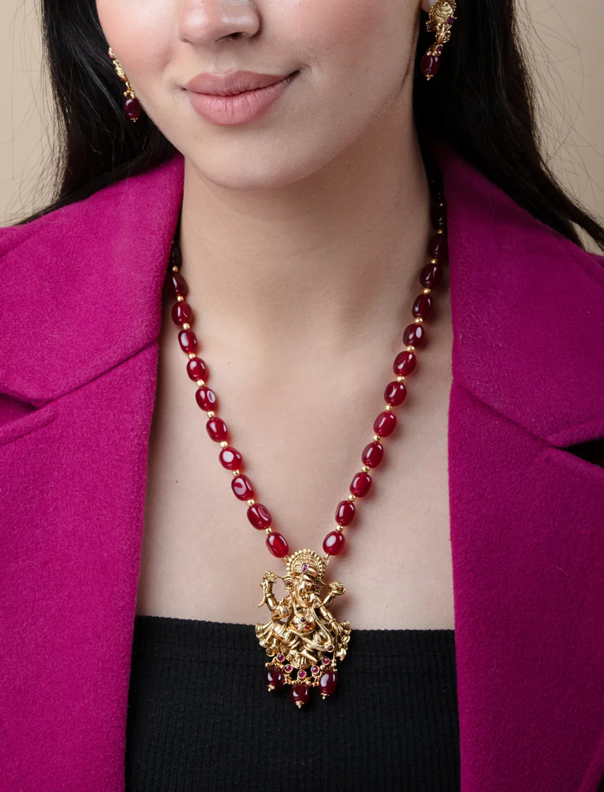 Lakshmi Pendant Necklace with Red Beads & Studs | Temple Jewelry in Gold Finish
