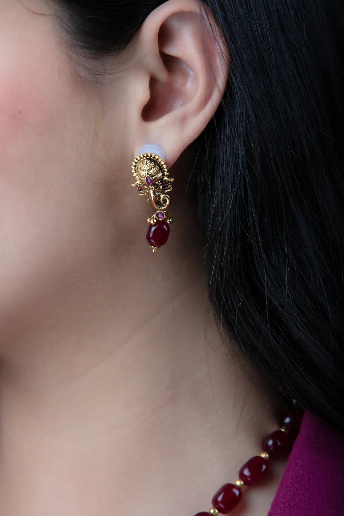 Lakshmi Pendant Necklace with Red Beads & Studs | Temple Jewelry in Gold Finish
