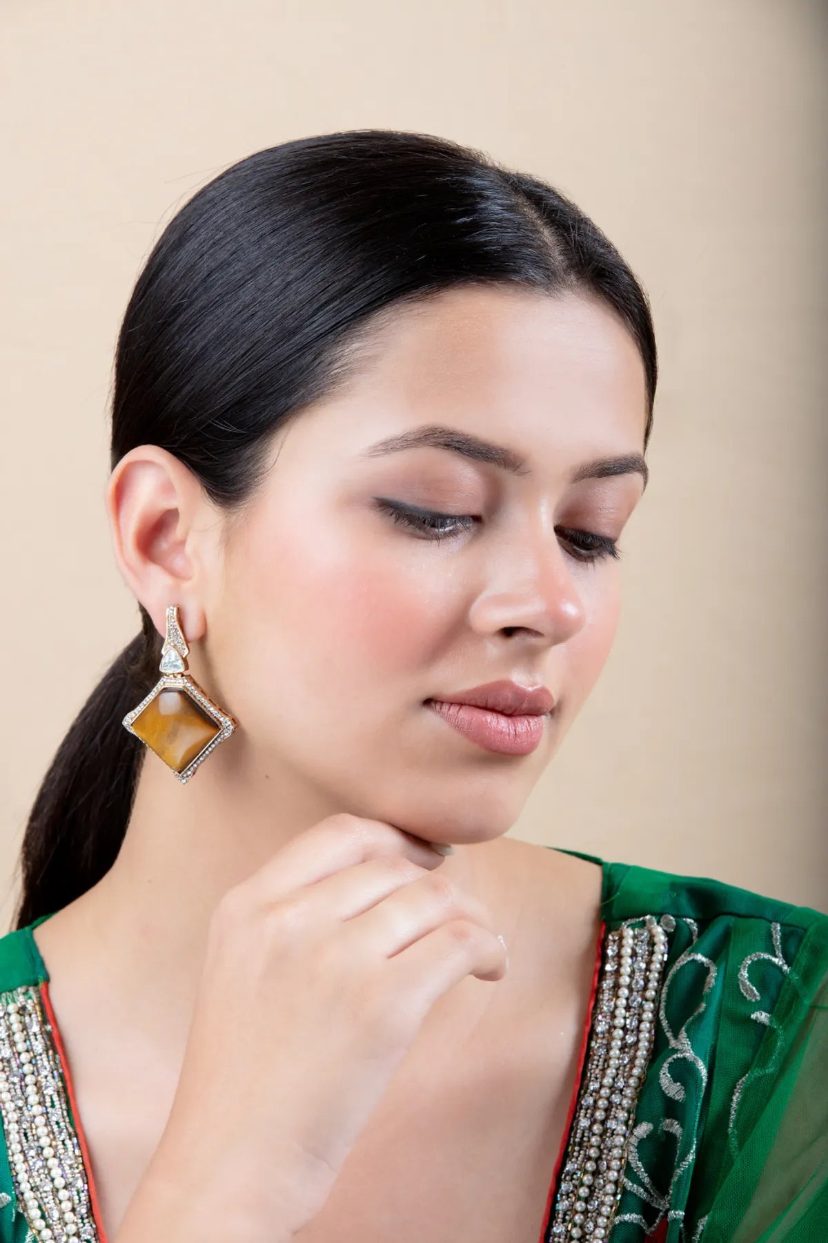 Mustard Yellow Drop Earrings | Diamond Stone & Gold Border